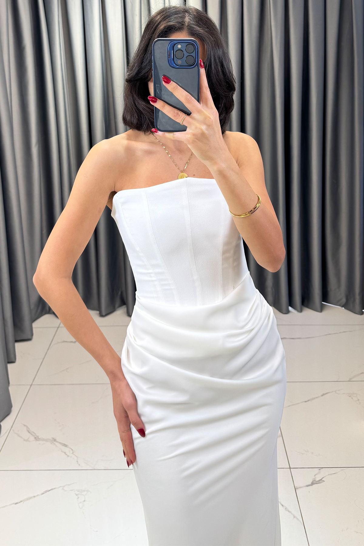 Belden Oturtmalı Straplez Uzun Abiye Beyaz - Görsel 2