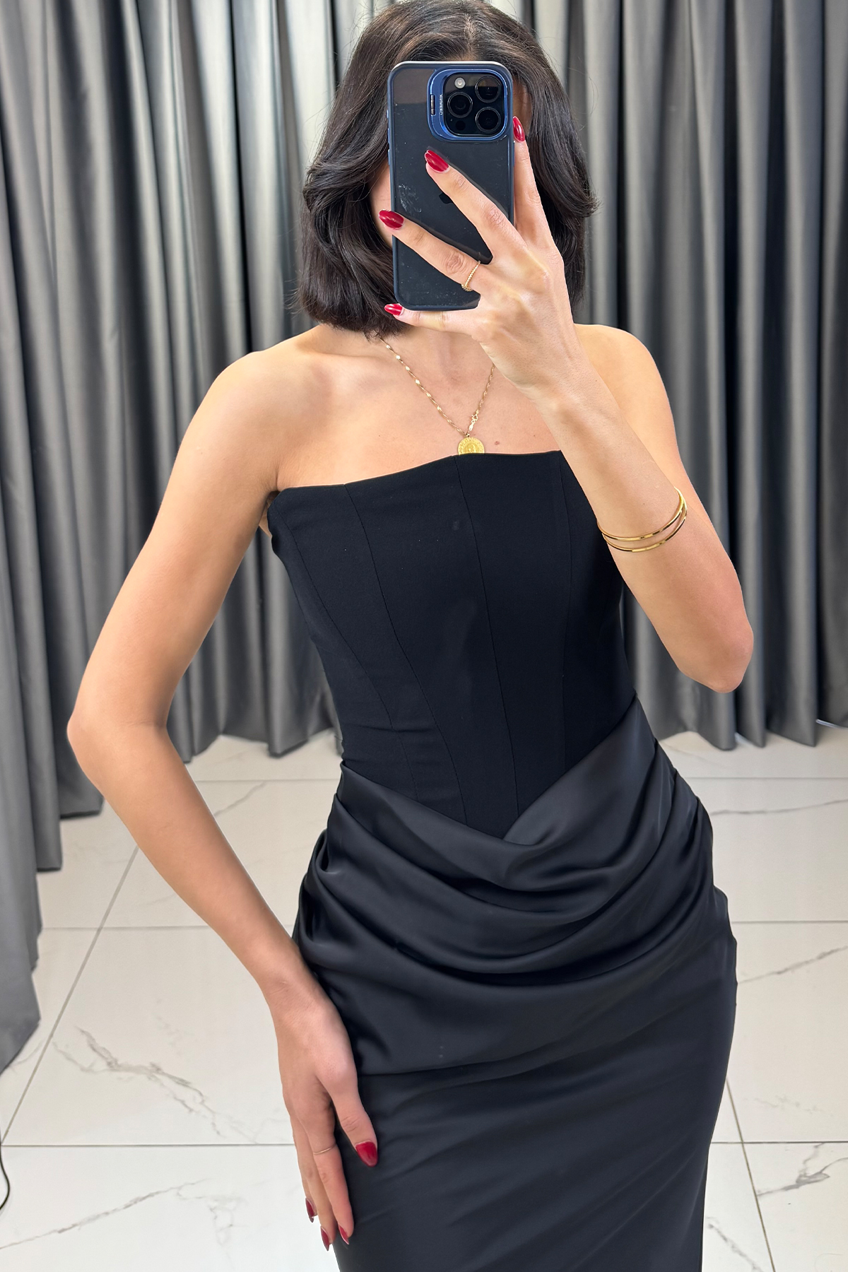 Belden Oturtmalı Straplez Uzun Abiye Siyah - Görsel 2