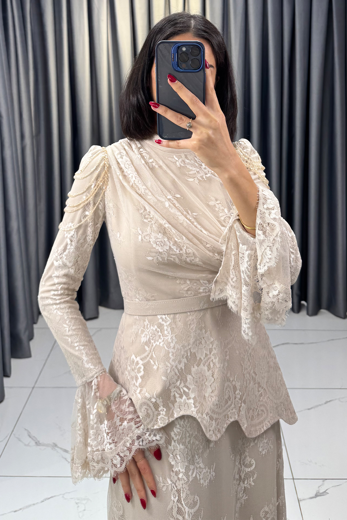 Boncuk Detaylı Beli Kemerli Abiye Bej - Görsel 2