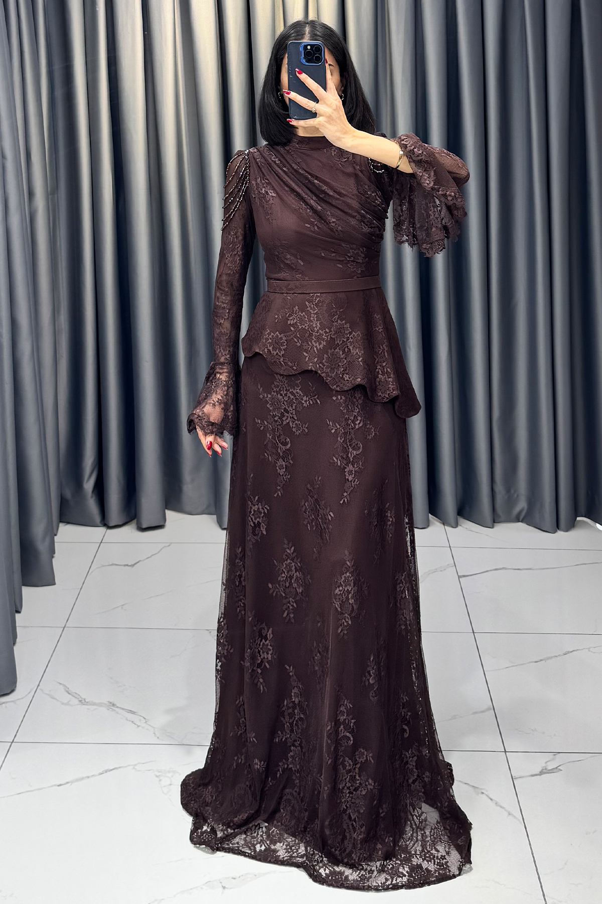 Boncuk Detaylı Beli Kemerli Abiye Kahve