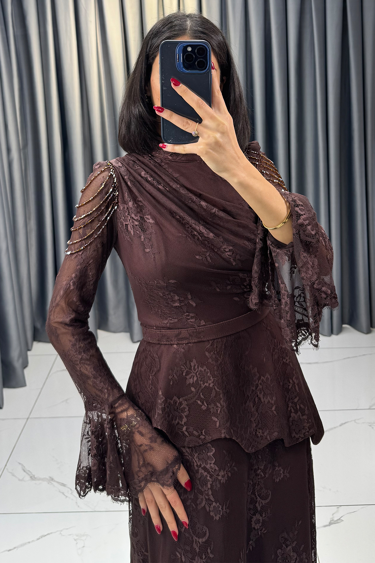 Boncuk Detaylı Beli Kemerli Abiye Kahve - Görsel 2