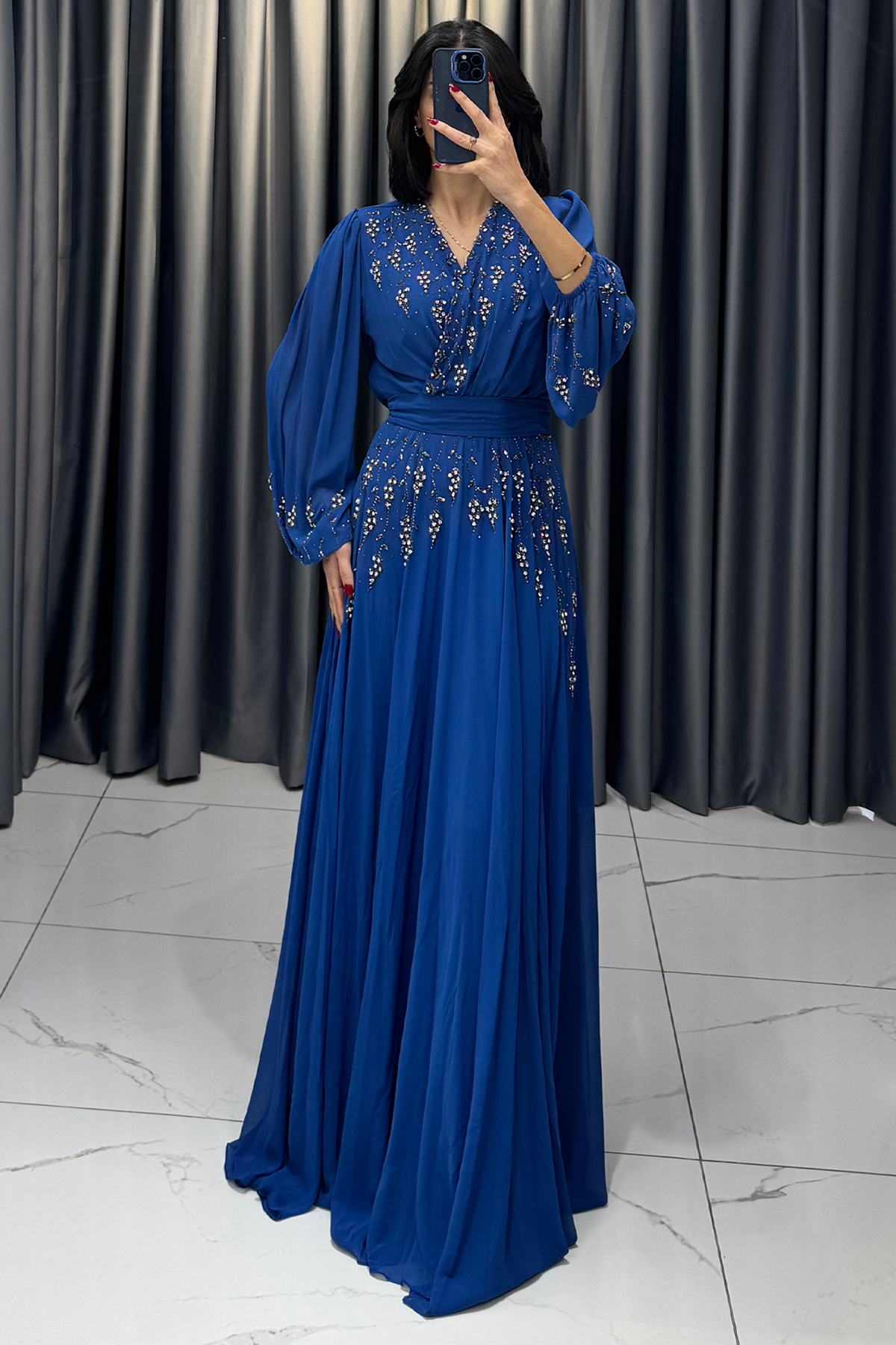 Boncuk Detaylı Beli Kemerli Büyük Beden Abiye İndigo