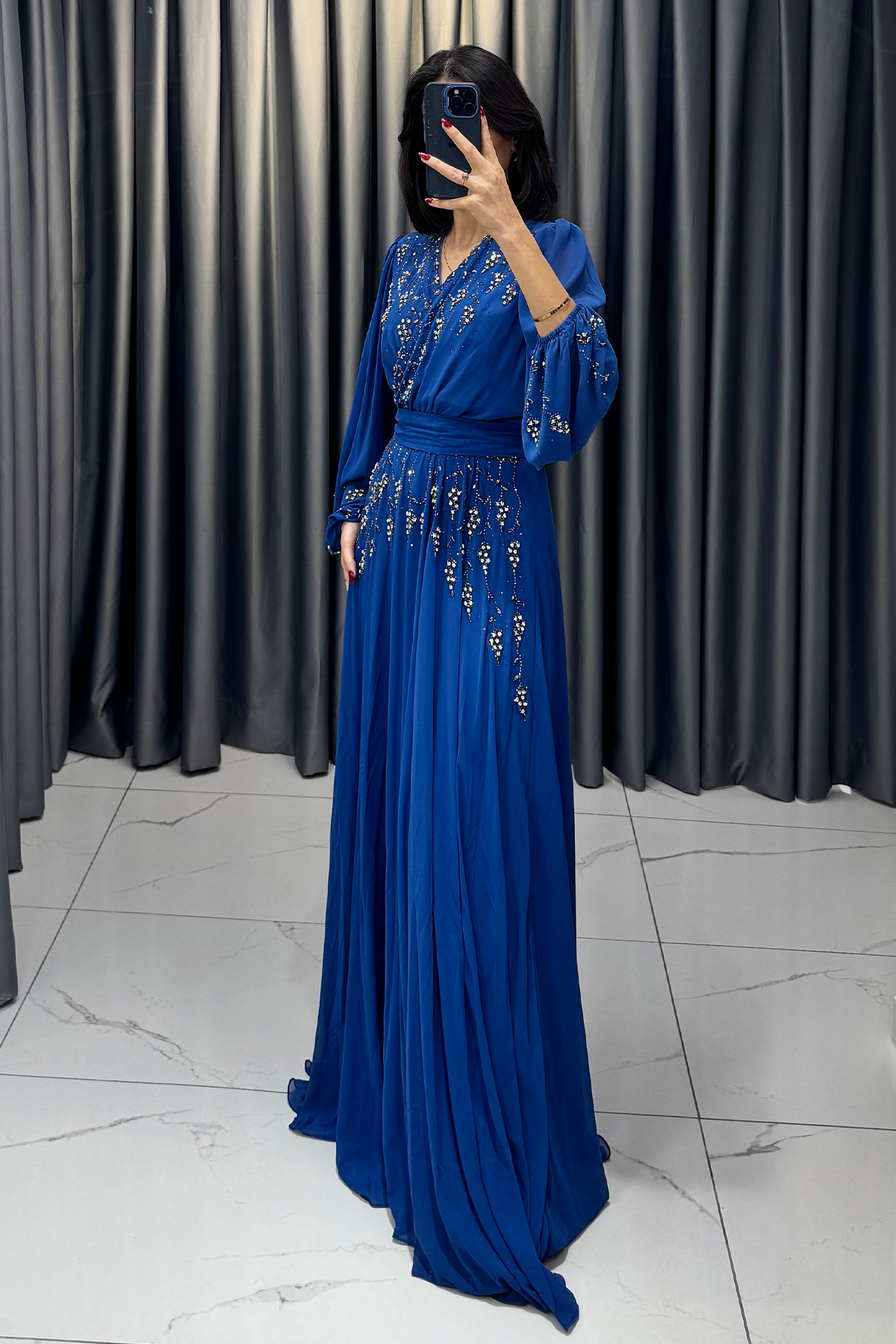 Boncuk Detaylı Beli Kemerli Büyük Beden Abiye İndigo - Görsel 3