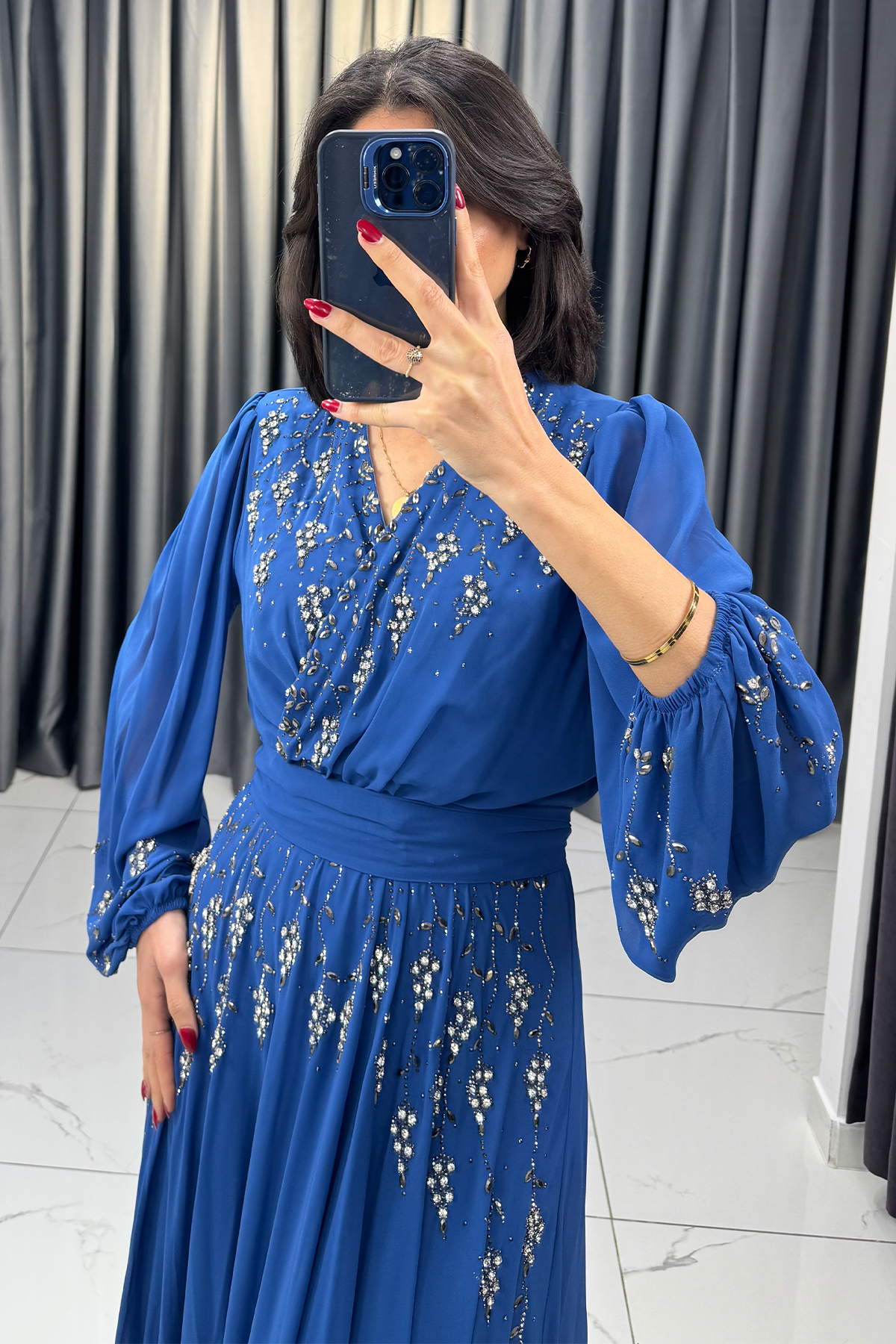 Boncuk Detaylı Beli Kemerli Büyük Beden Abiye İndigo - Görsel 4