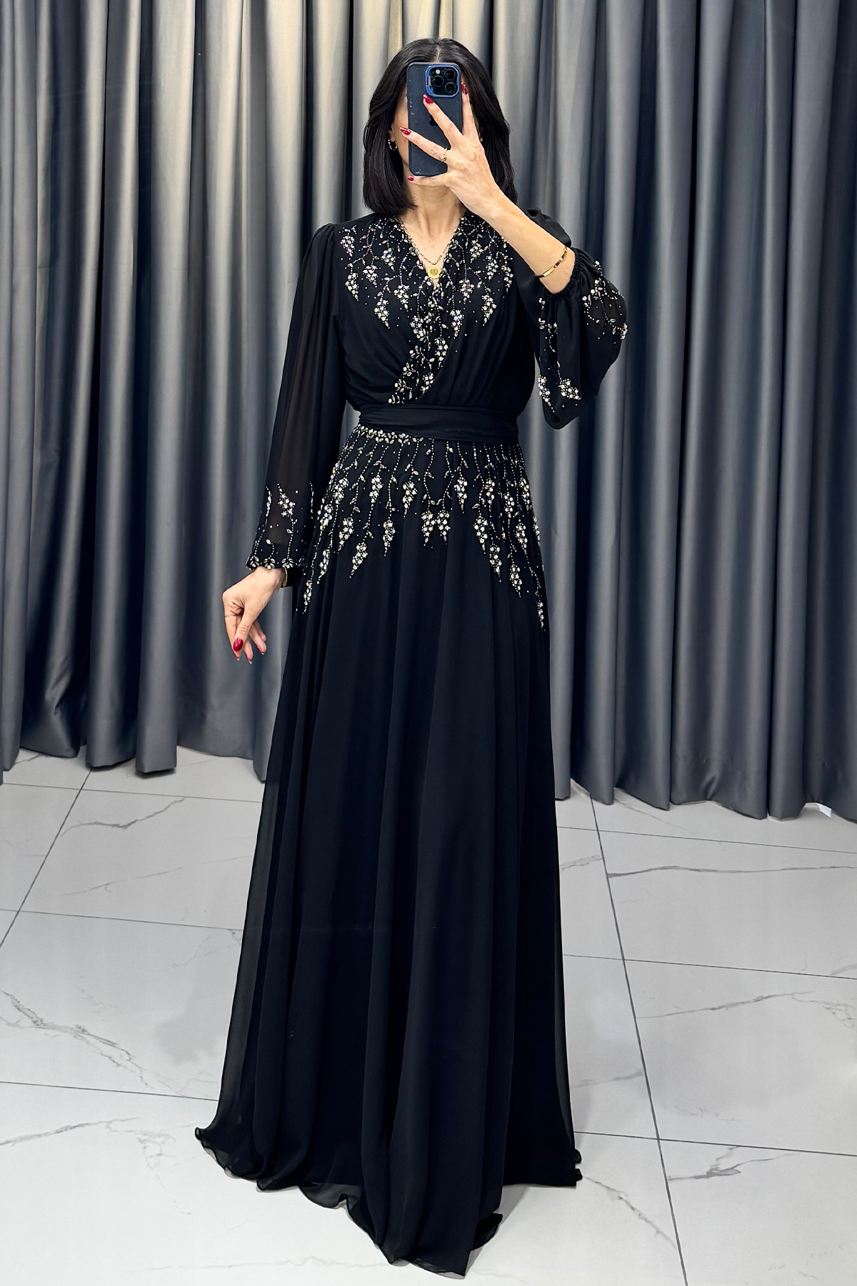 Boncuk Detaylı Beli Kemerli Büyük Beden Abiye Siyah - Görsel 4