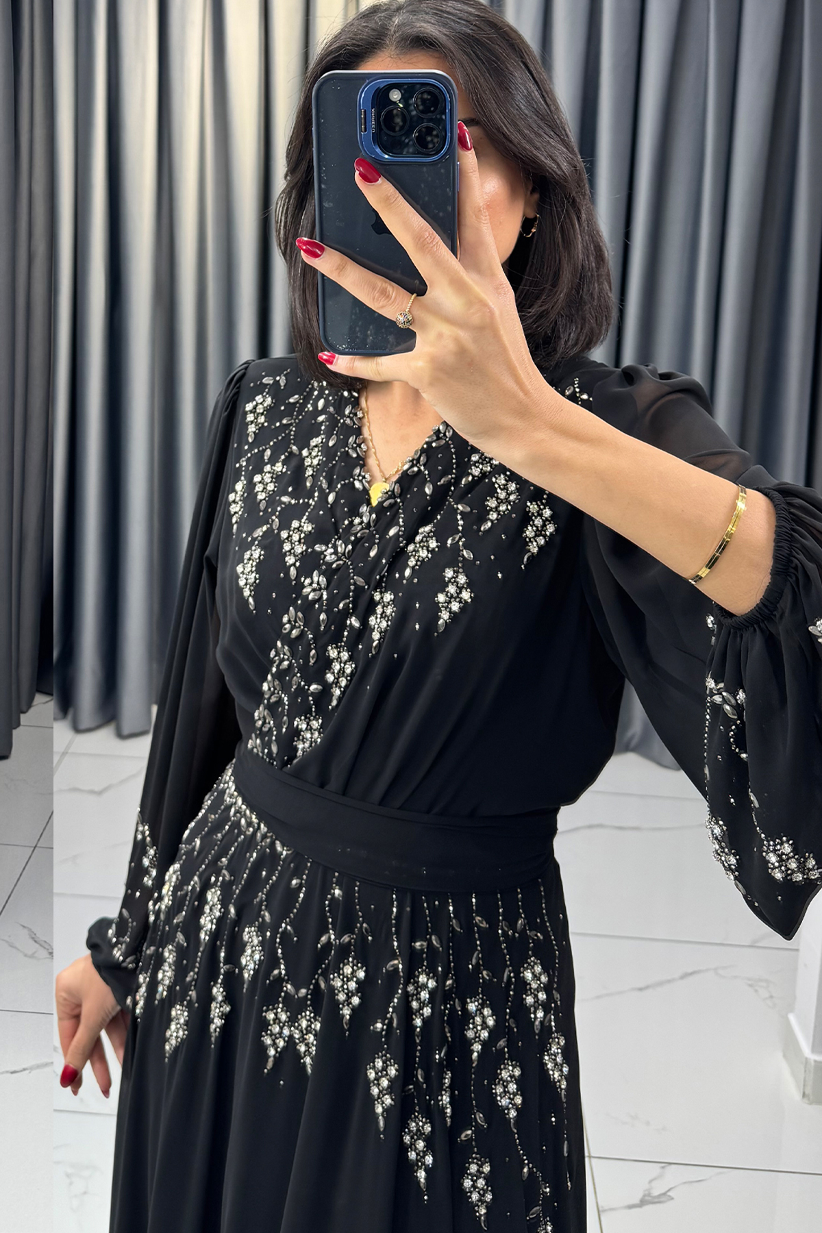 Boncuk Detaylı Beli Kemerli Büyük Beden Abiye Siyah - Görsel 5