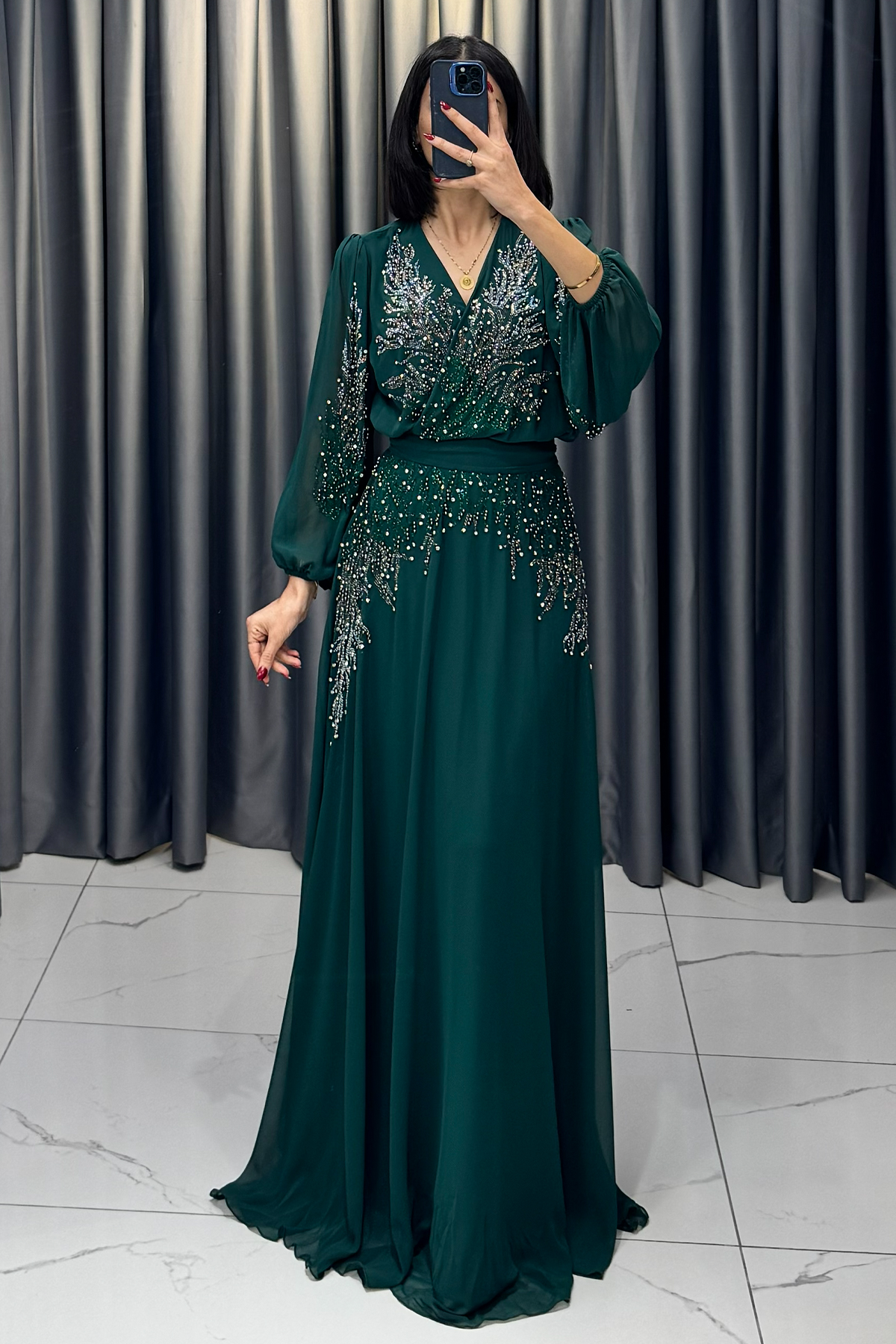 Boncuk İşlemeli Beli Kemerli Büyük Beden Abiye Yeşil