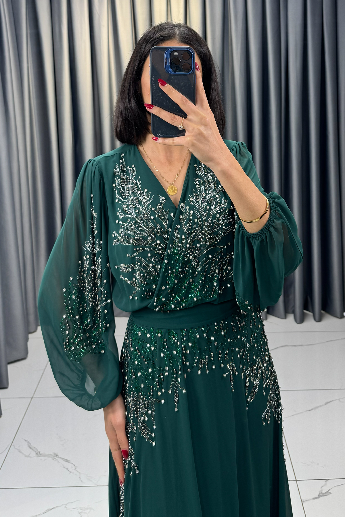 Boncuk İşlemeli Beli Kemerli Büyük Beden Abiye Yeşil - Görsel 2