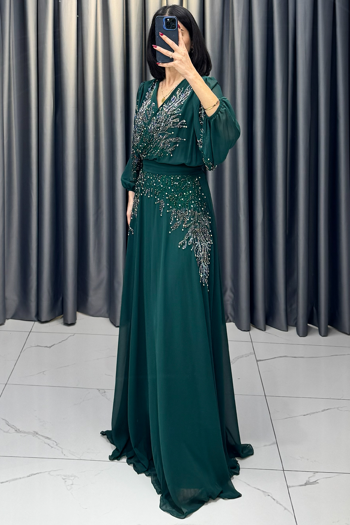 Boncuk İşlemeli Beli Kemerli Büyük Beden Abiye Yeşil - Görsel 3