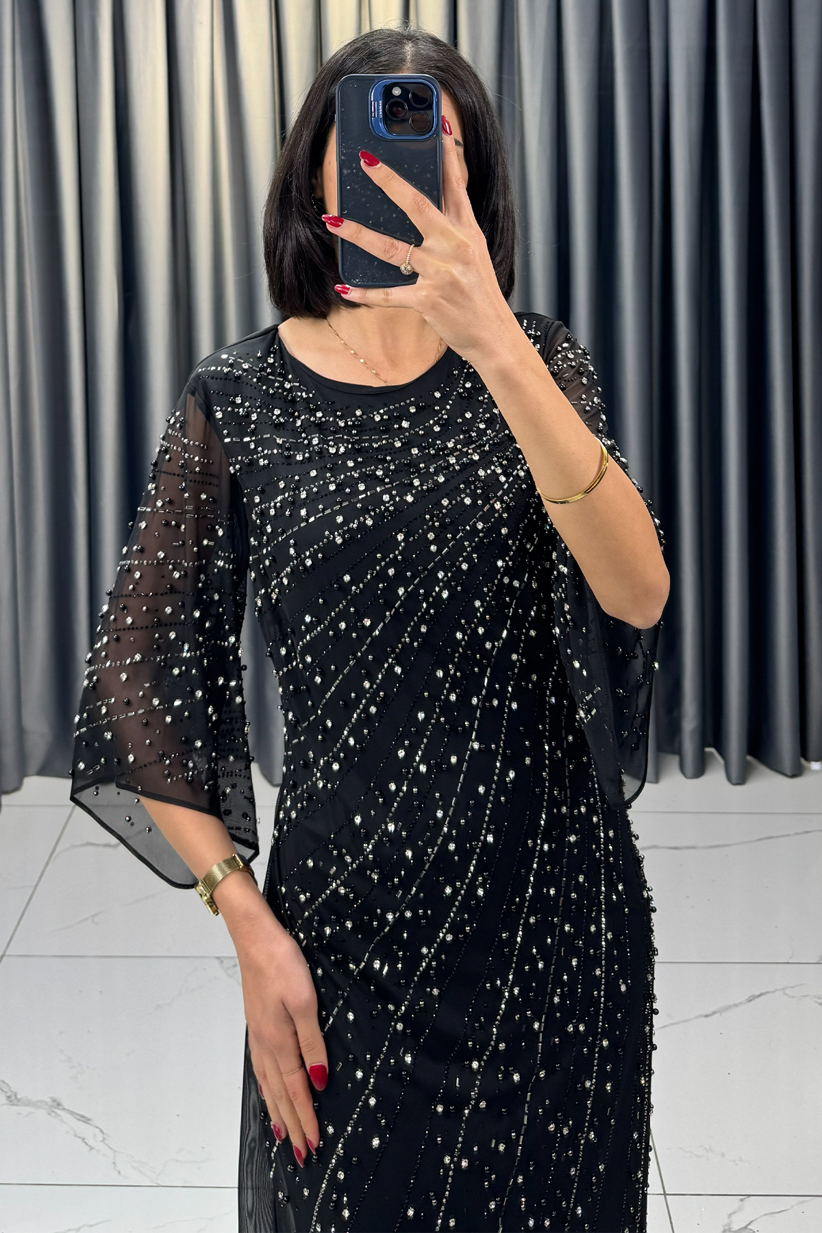 Boncuk İşlemeli Büyük Beden Abiye Siyah - Görsel 2