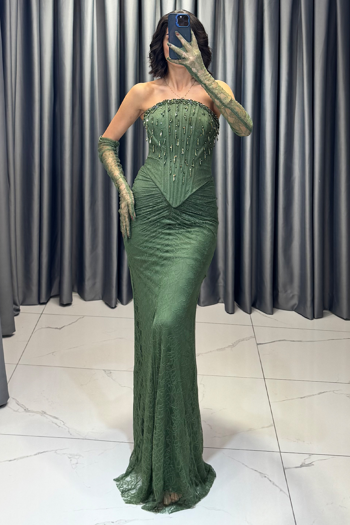 Boncuk İşlemeli Dantelli Şal Detaylı Uzun Abiye Haki