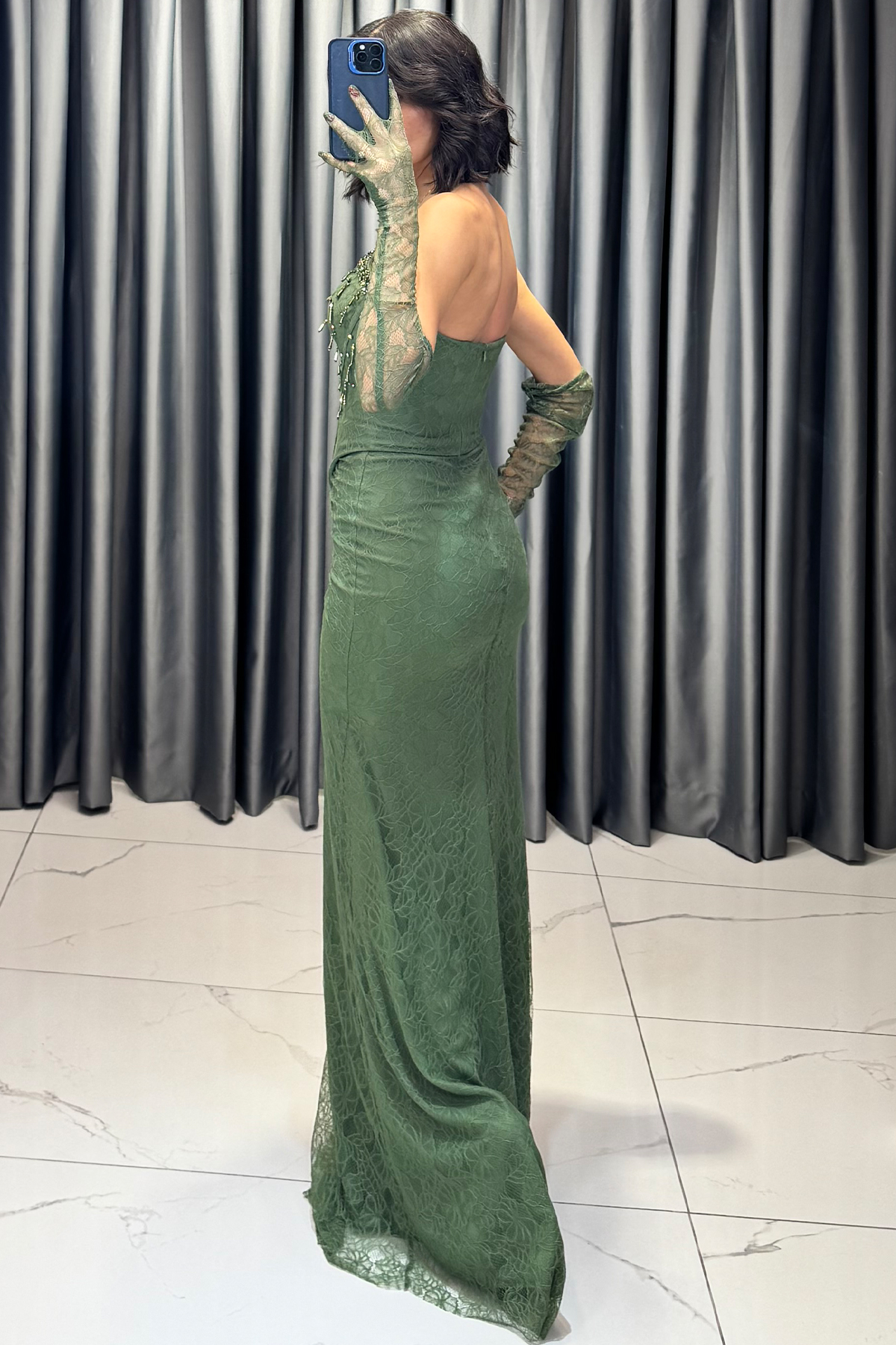 Boncuk İşlemeli Dantelli Şal Detaylı Uzun Abiye Haki - Görsel 5