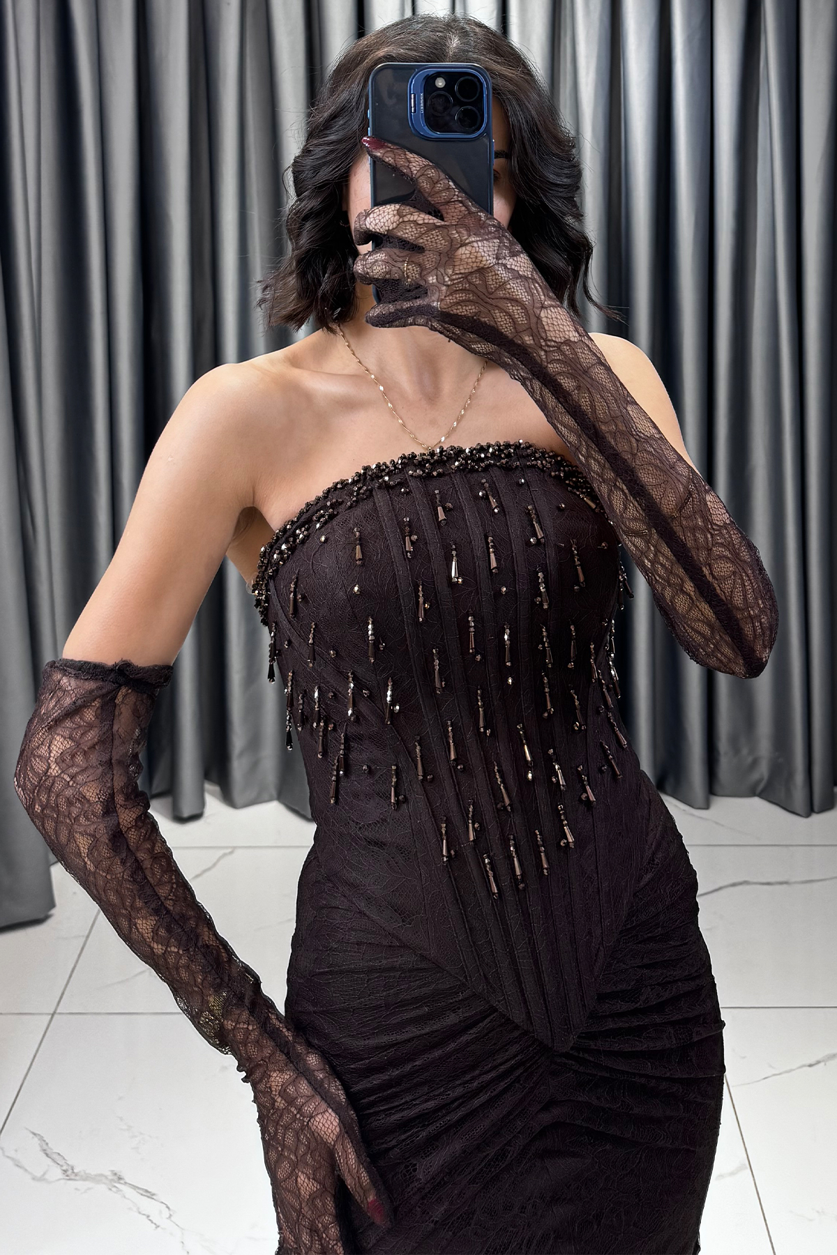 Boncuk İşlemeli Dantelli Şal Detaylı Uzun Abiye Kahve - Görsel 4