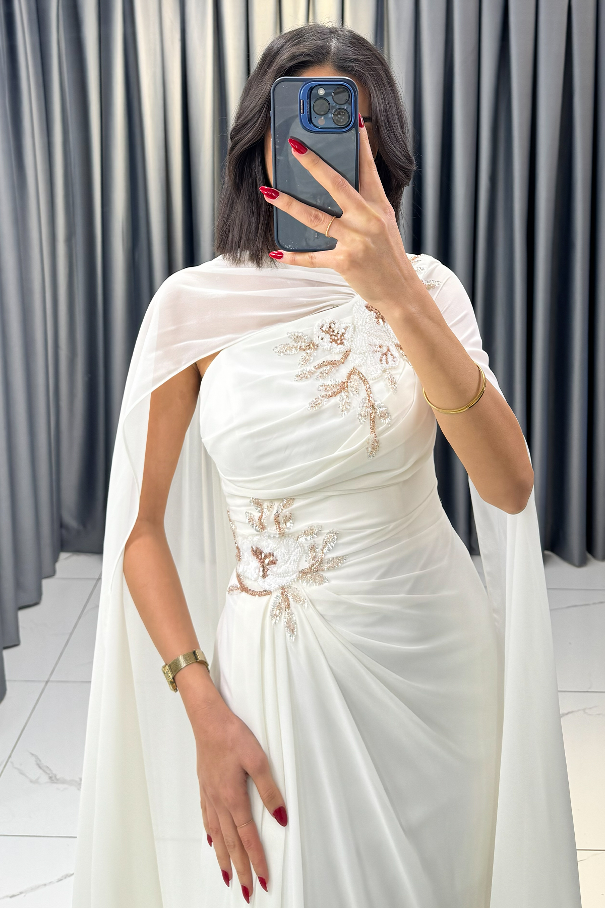 Boncuk İşlemeli Payetli Pelerinli Abiye Ekru - Görsel 2