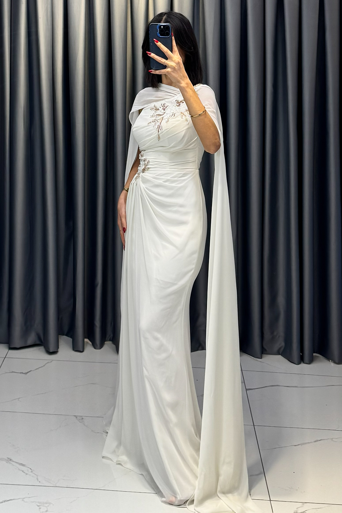 Boncuk İşlemeli Payetli Pelerinli Abiye Ekru - Görsel 4