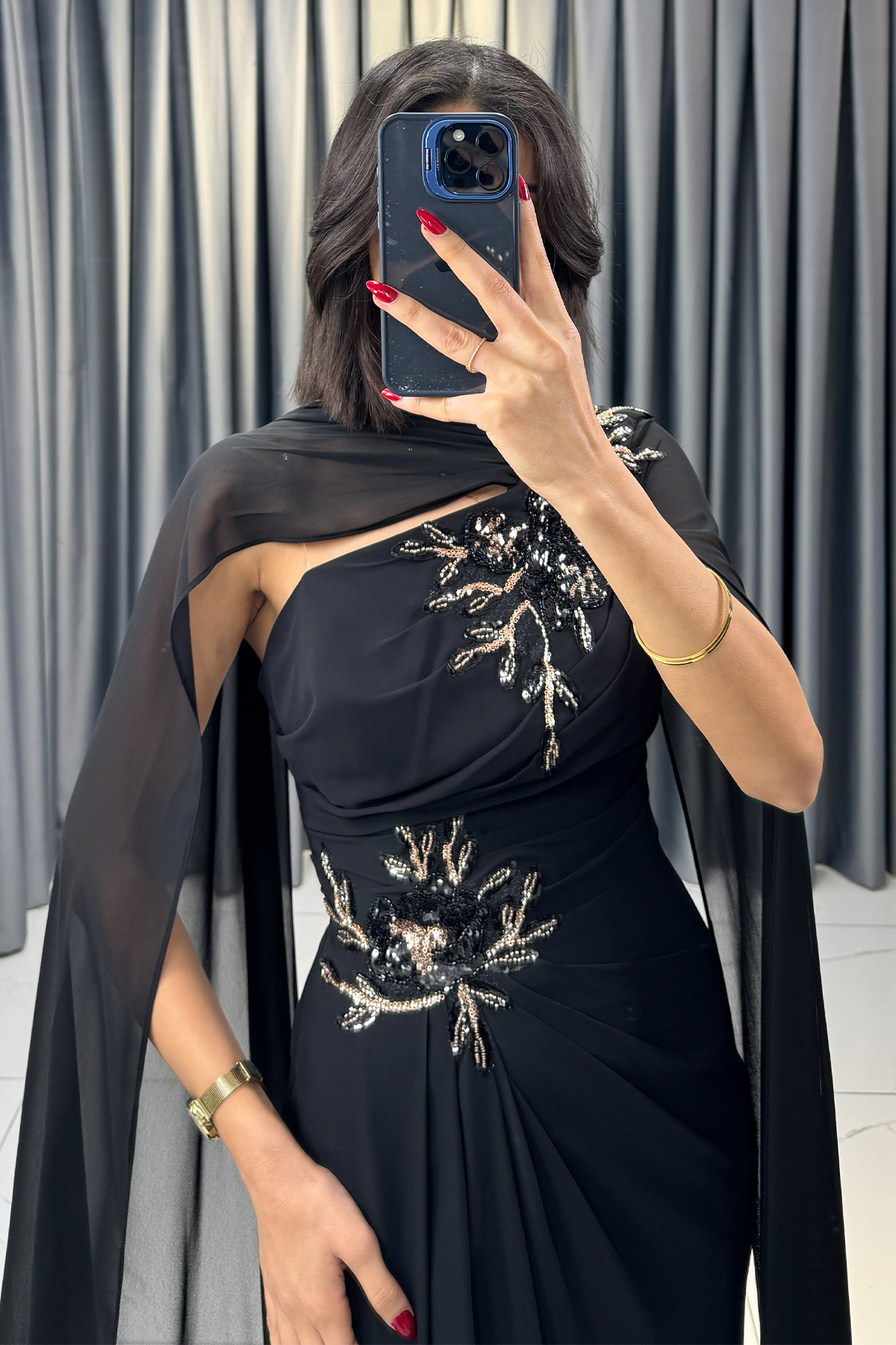 Boncuk İşlemeli Payetli Pelerinli Abiye Siyah - Görsel 2