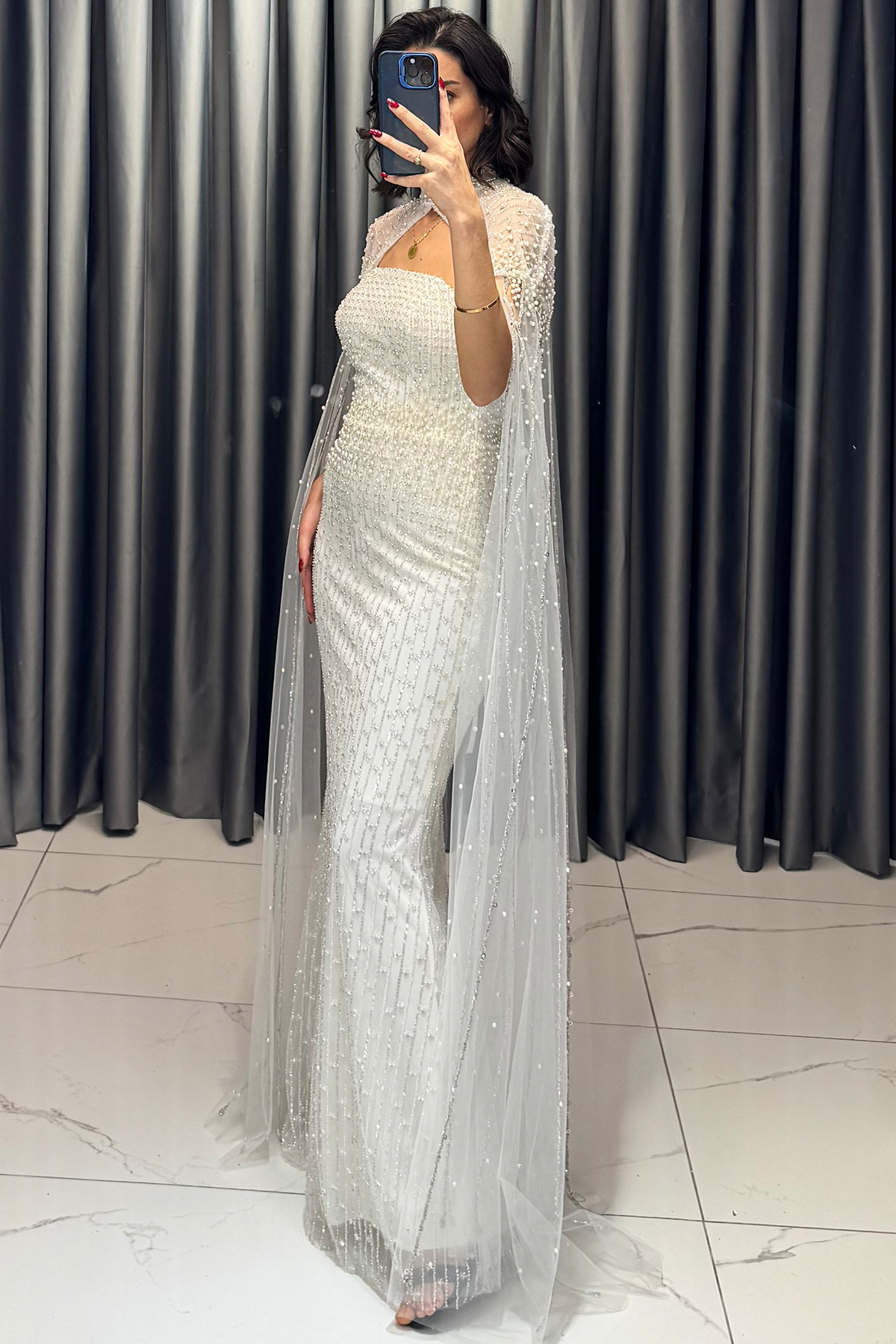 Boncuk İşlemeli Sırta Korsajlı Pelerinli Abiye Ekru - Görsel 3