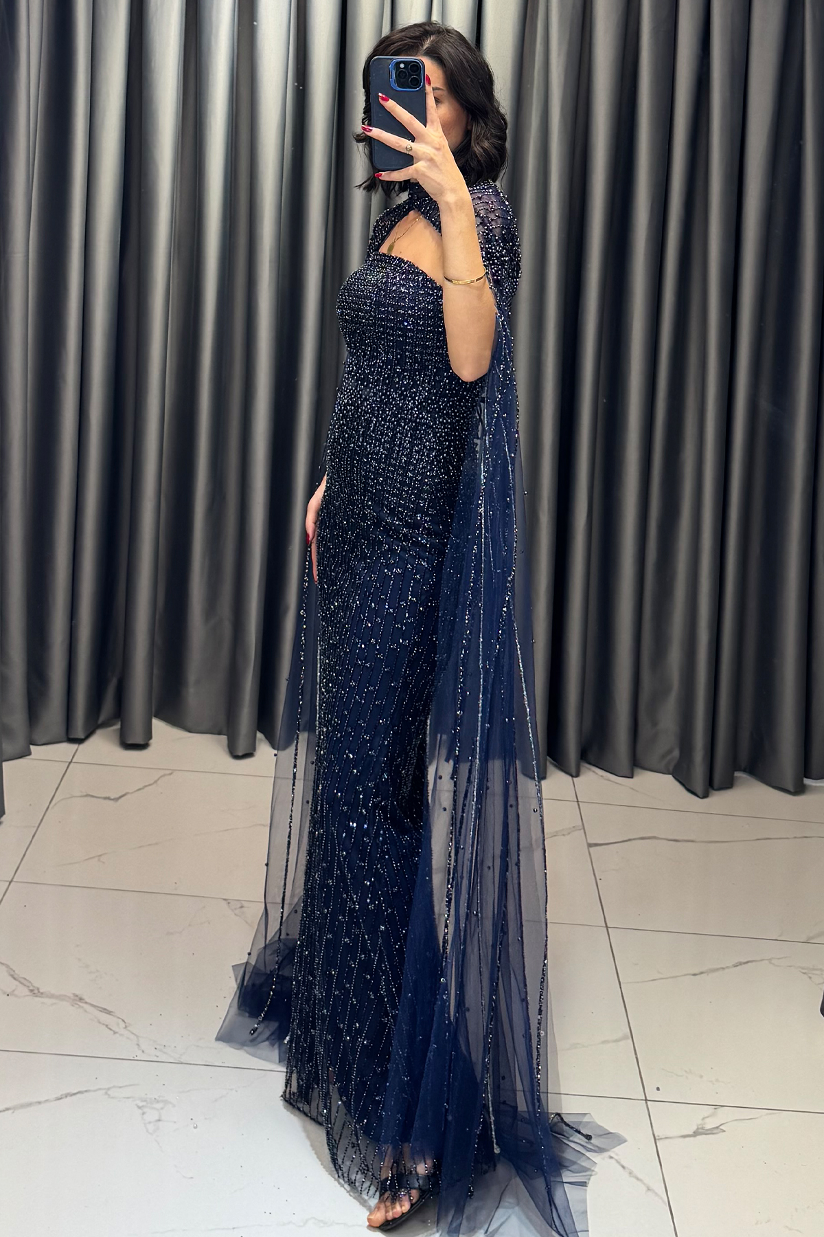 Boncuk İşlemeli Sırta Korsajlı Pelerinli Abiye Lacivert - Görsel 3