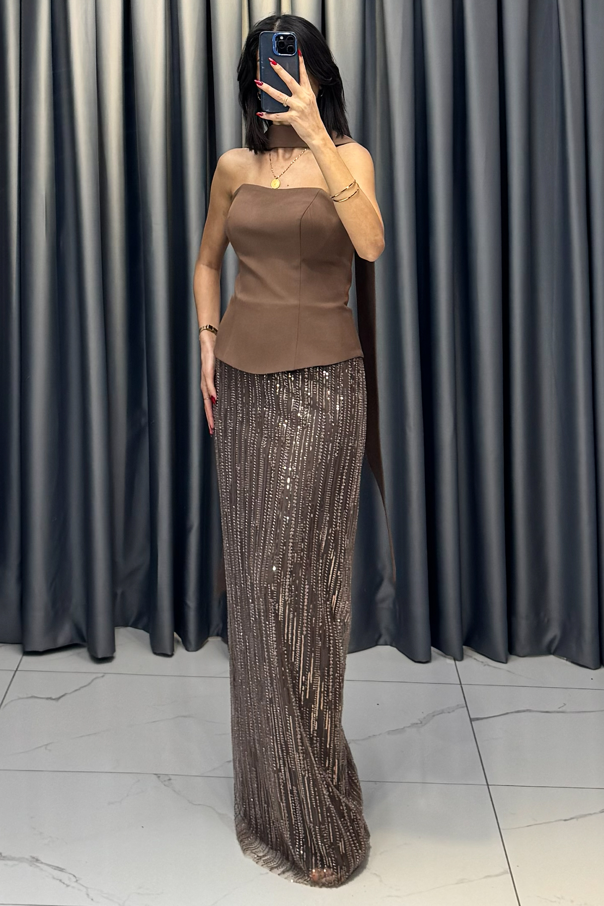 Boncuk İşlemeli Straplez Şal Detaylı Abiye Kahve - Görsel 3