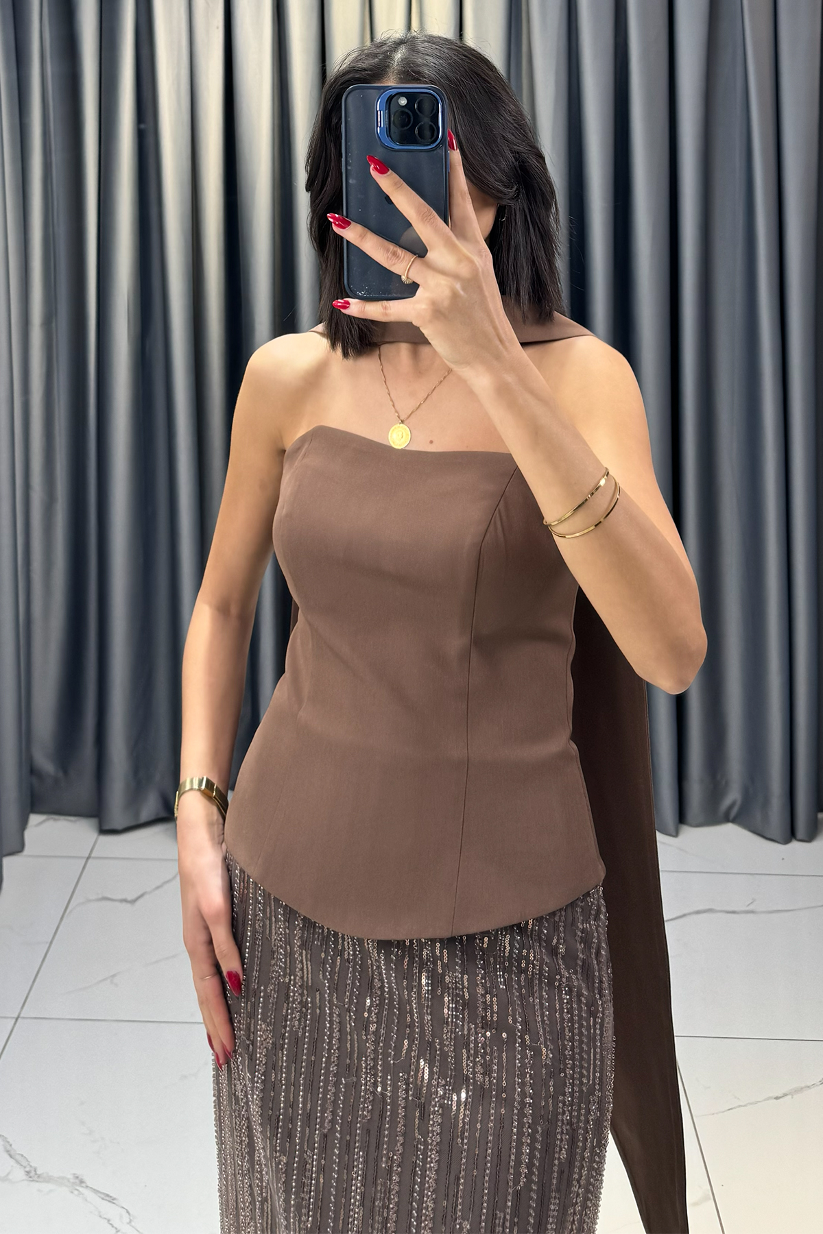 Boncuk İşlemeli Straplez Şal Detaylı Abiye Kahve - Görsel 4