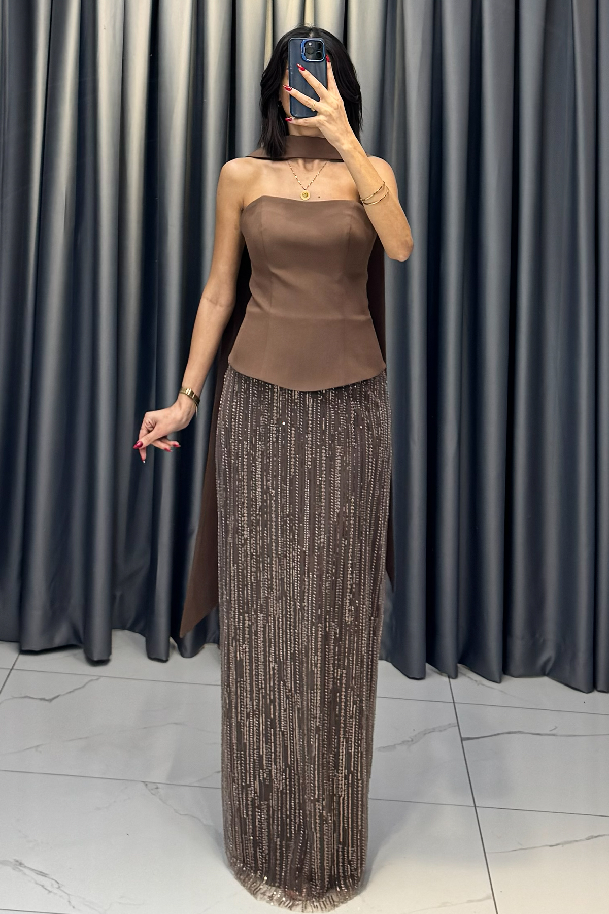 Boncuk İşlemeli Straplez Şal Detaylı Abiye Kahve - Görsel 5