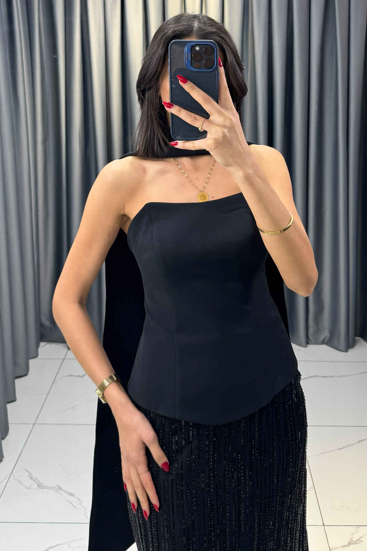 Boncuk İşlemeli Straplez Şal Detaylı Abiye Siyah - Görsel 2