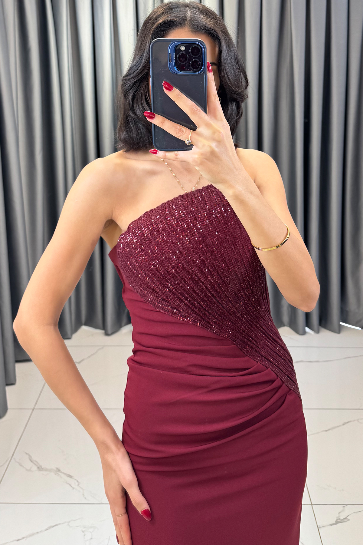 Boncuk İşlemeli Straplez Uzun Abiye Bordo - Görsel 2