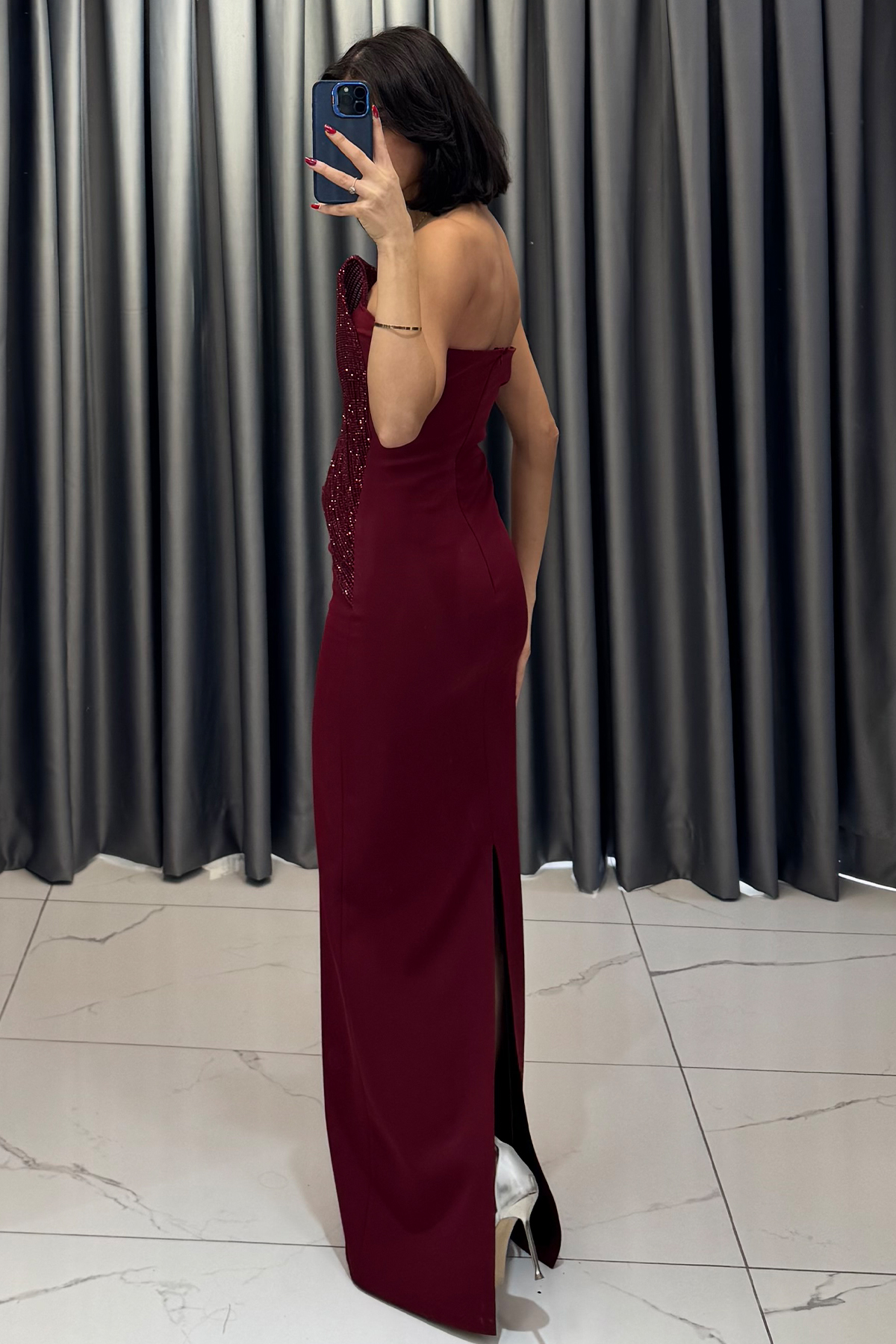 Boncuk İşlemeli Straplez Uzun Abiye Bordo - Görsel 5