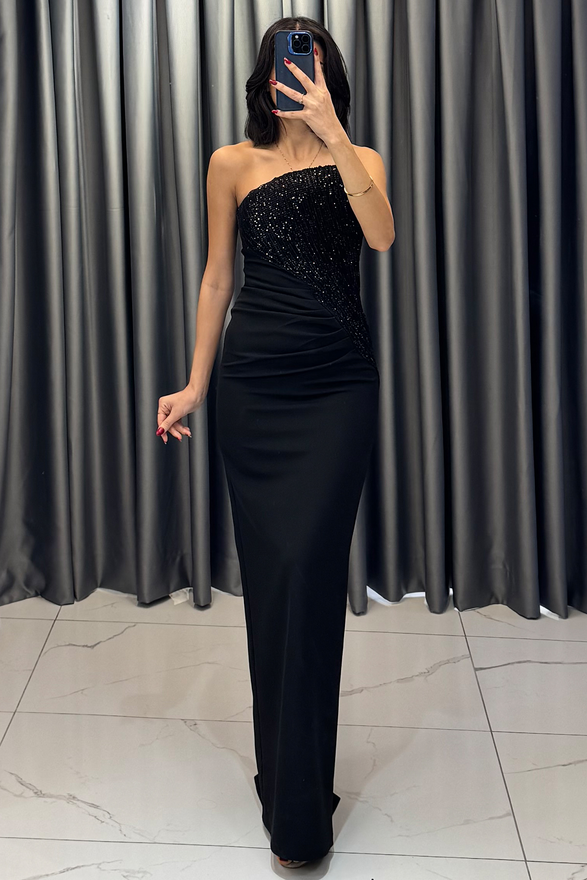 Boncuk İşlemeli Straplez Uzun Abiye Siyah