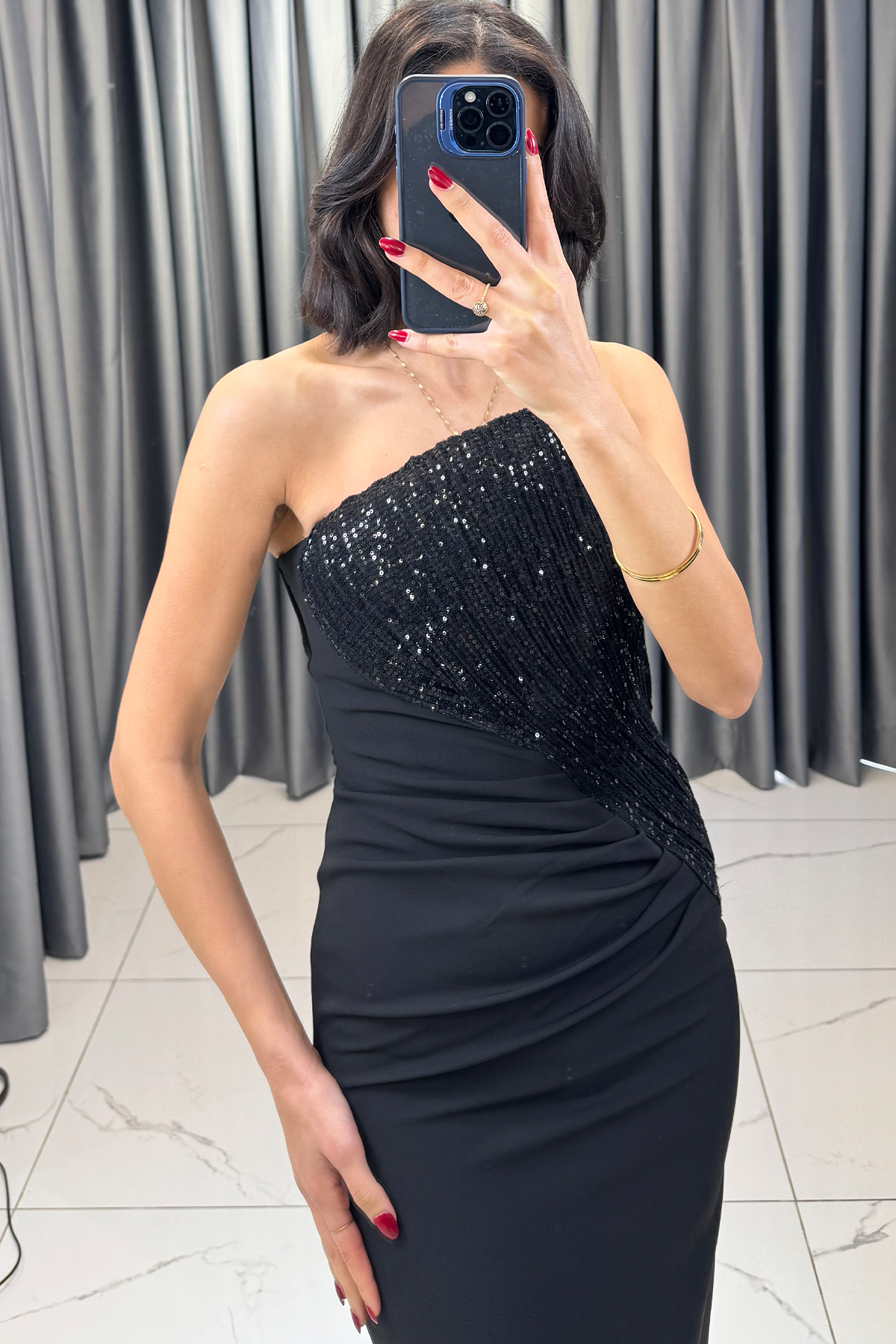 Boncuk İşlemeli Straplez Uzun Abiye Siyah - Görsel 2