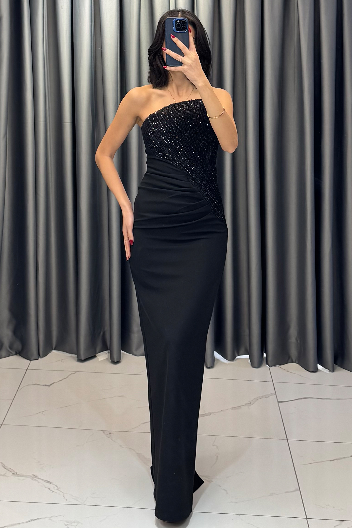 Boncuk İşlemeli Straplez Uzun Abiye Siyah - Görsel 5