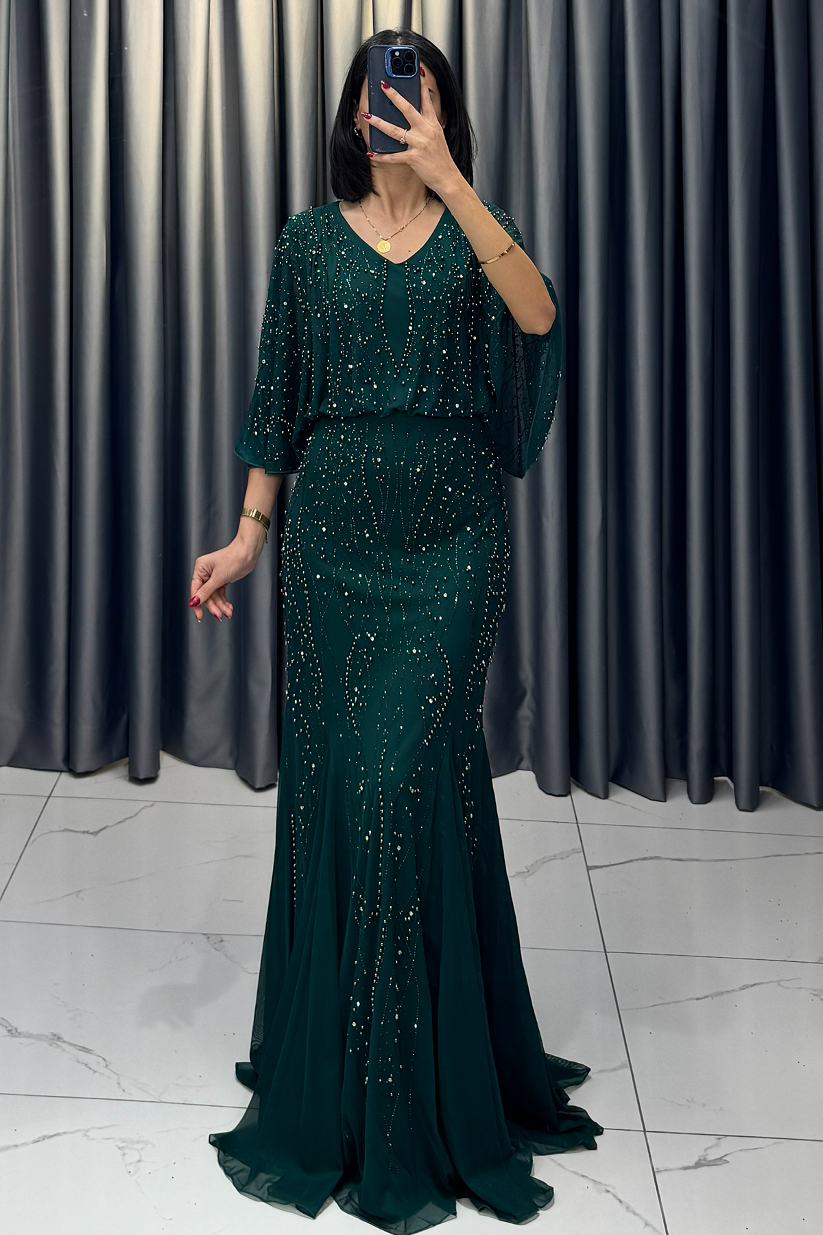 Boncuk İşlemeli Yarasa Kollu Balık Model Büyük Beden Abiye Yeşil