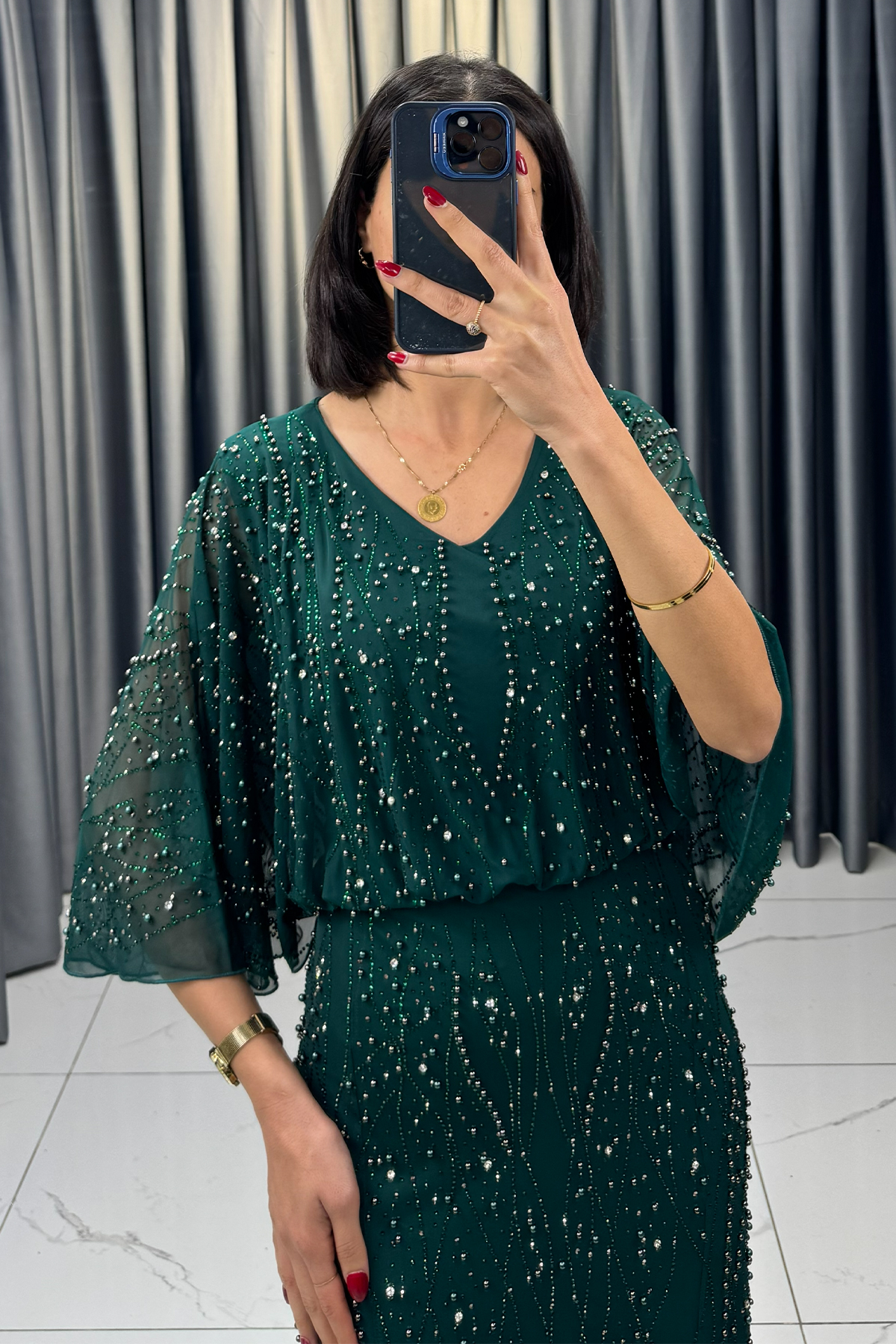 Boncuk İşlemeli Yarasa Kollu Balık Model Büyük Beden Abiye Yeşil - Görsel 2