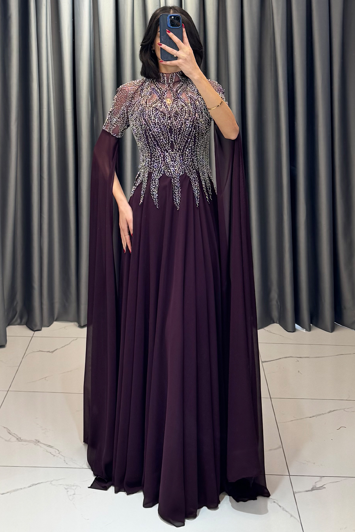 Boncuk İşlemeli Yarasa Kollu Büyük Beden Abiye Mürdüm