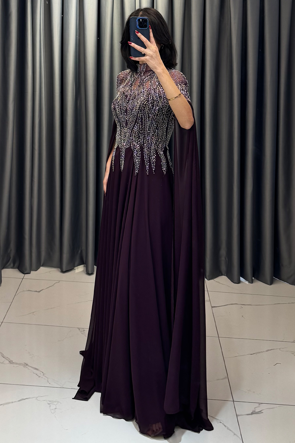 Boncuk İşlemeli Yarasa Kollu Büyük Beden Abiye Mürdüm - Görsel 3