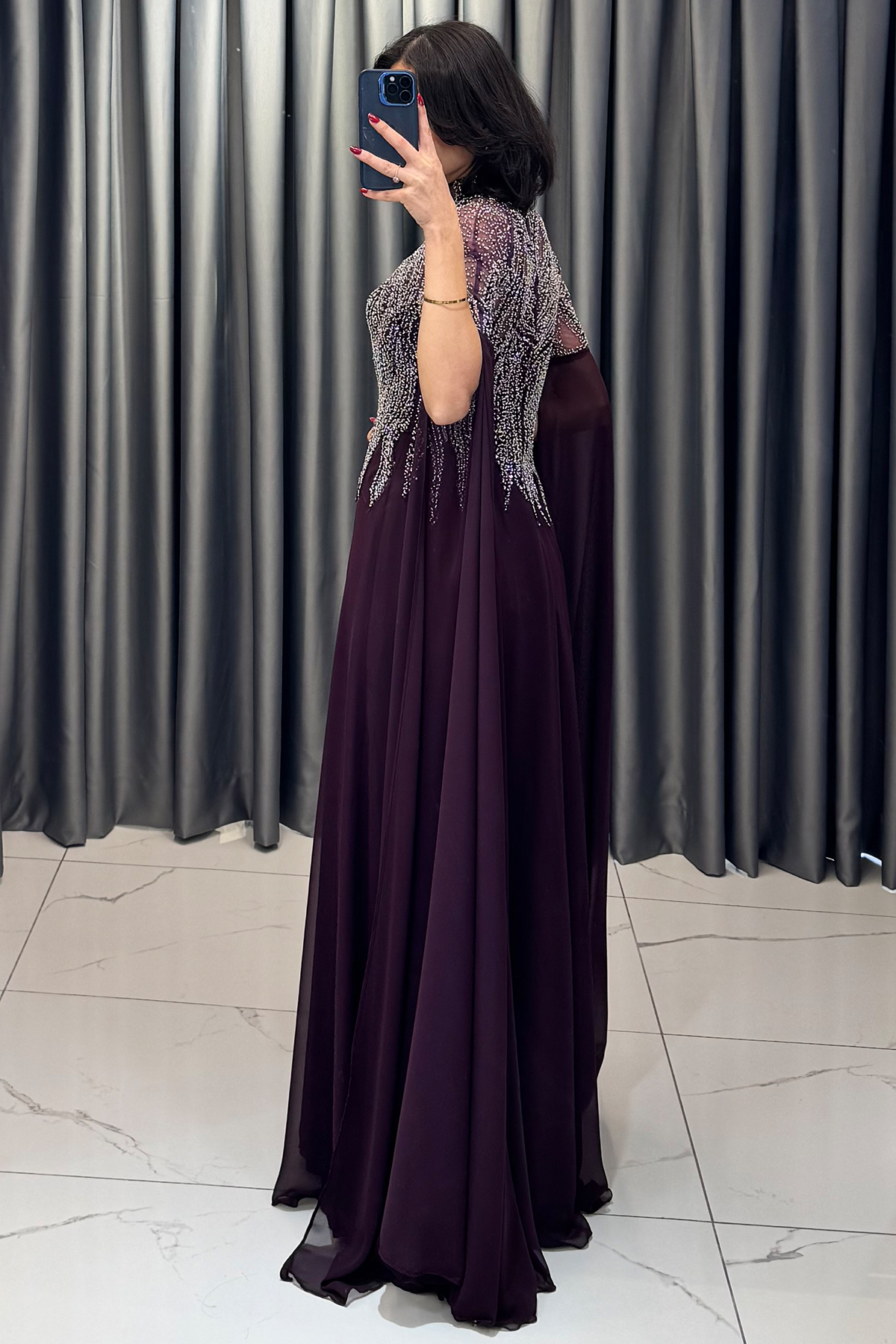 Boncuk İşlemeli Yarasa Kollu Büyük Beden Abiye Mürdüm - Görsel 5