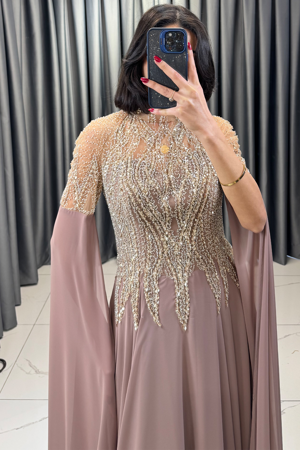 Boncuk İşlemeli Yarasa Kollu Büyük Beden Abiye Pudra - Görsel 2