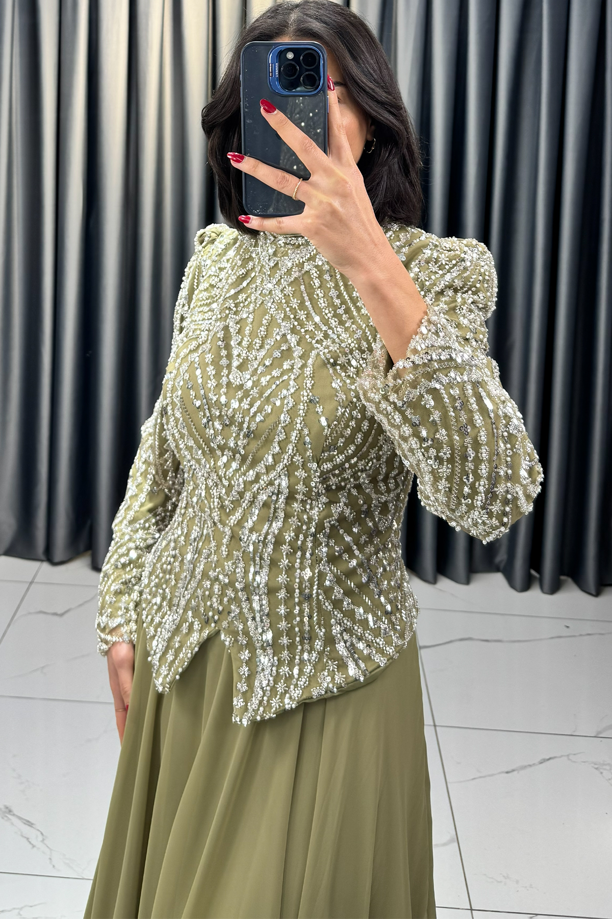 Boncuk Ve Payet İşlemeli Büyük Beden Abiye Haki - Görsel 4