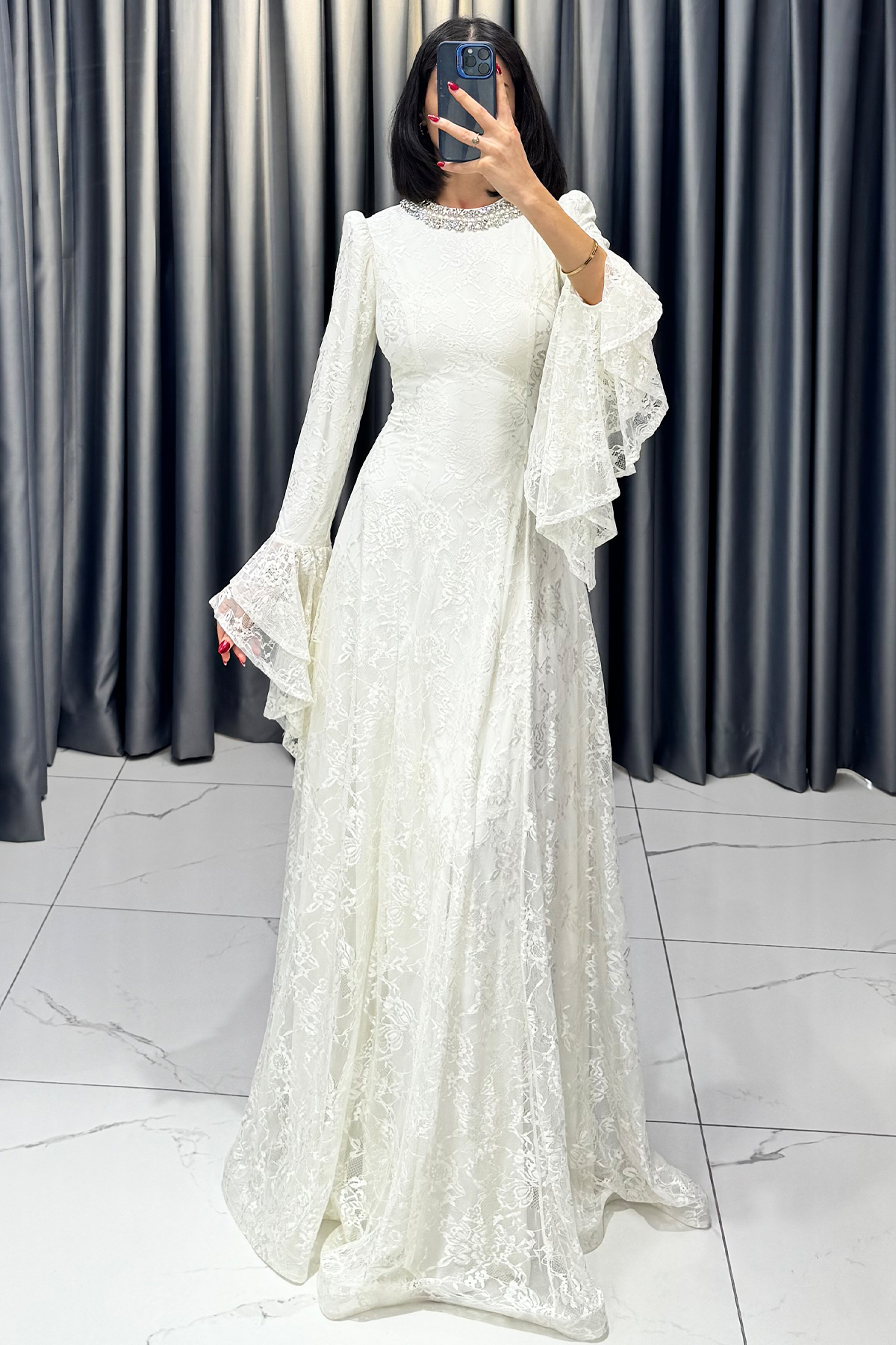 Boynu Taş İşlemeli Yarasa Kollu Arkası İpli Abiye Ekru - Görsel 5