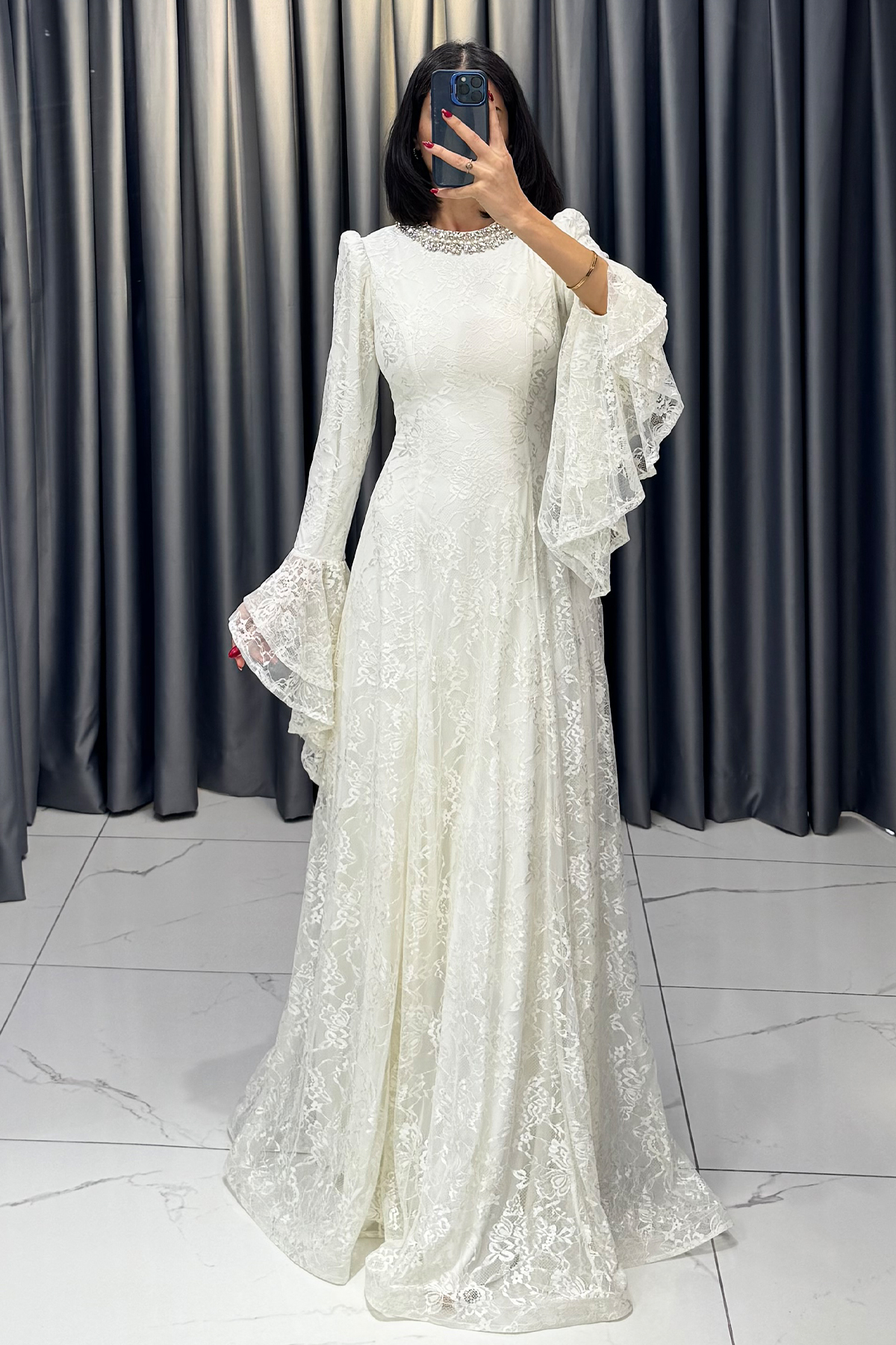 Boynu Taş İşlemeli Yarasa Kollu Arkası İpli Abiye Ekru - Görsel 6