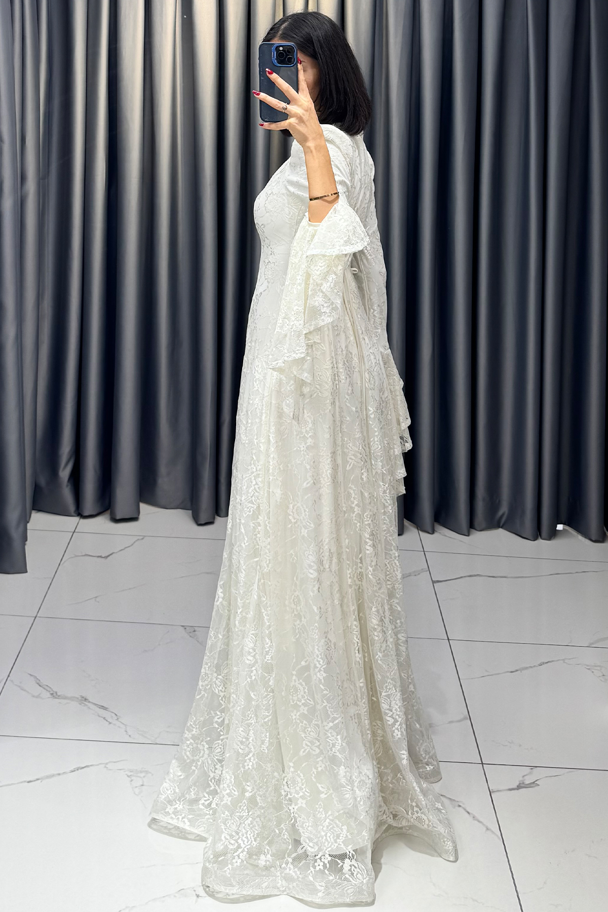 Boynu Taş İşlemeli Yarasa Kollu Arkası İpli Abiye Ekru - Görsel 7