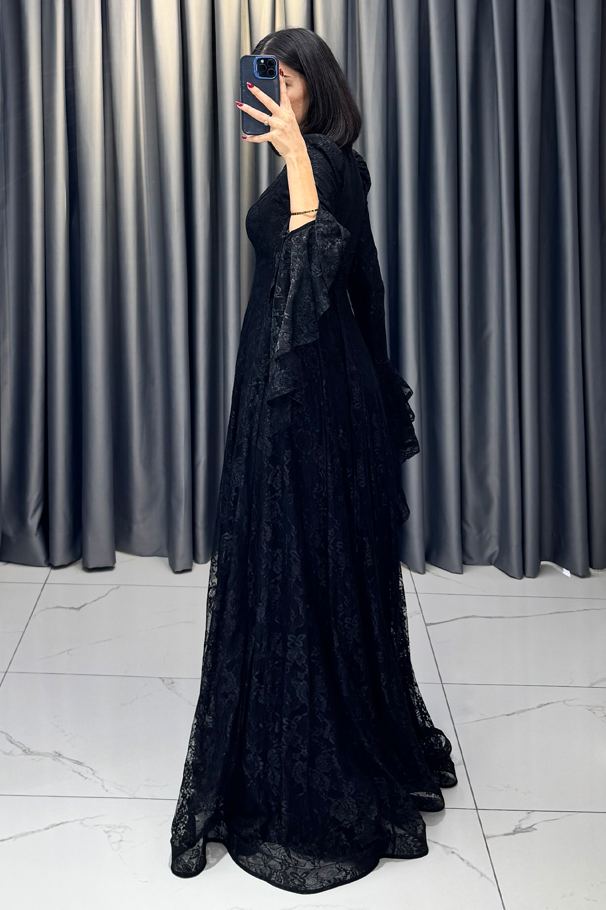 Boynu Taş İşlemeli Yarasa Kollu Arkası İpli Abiye Siyah - Görsel 7