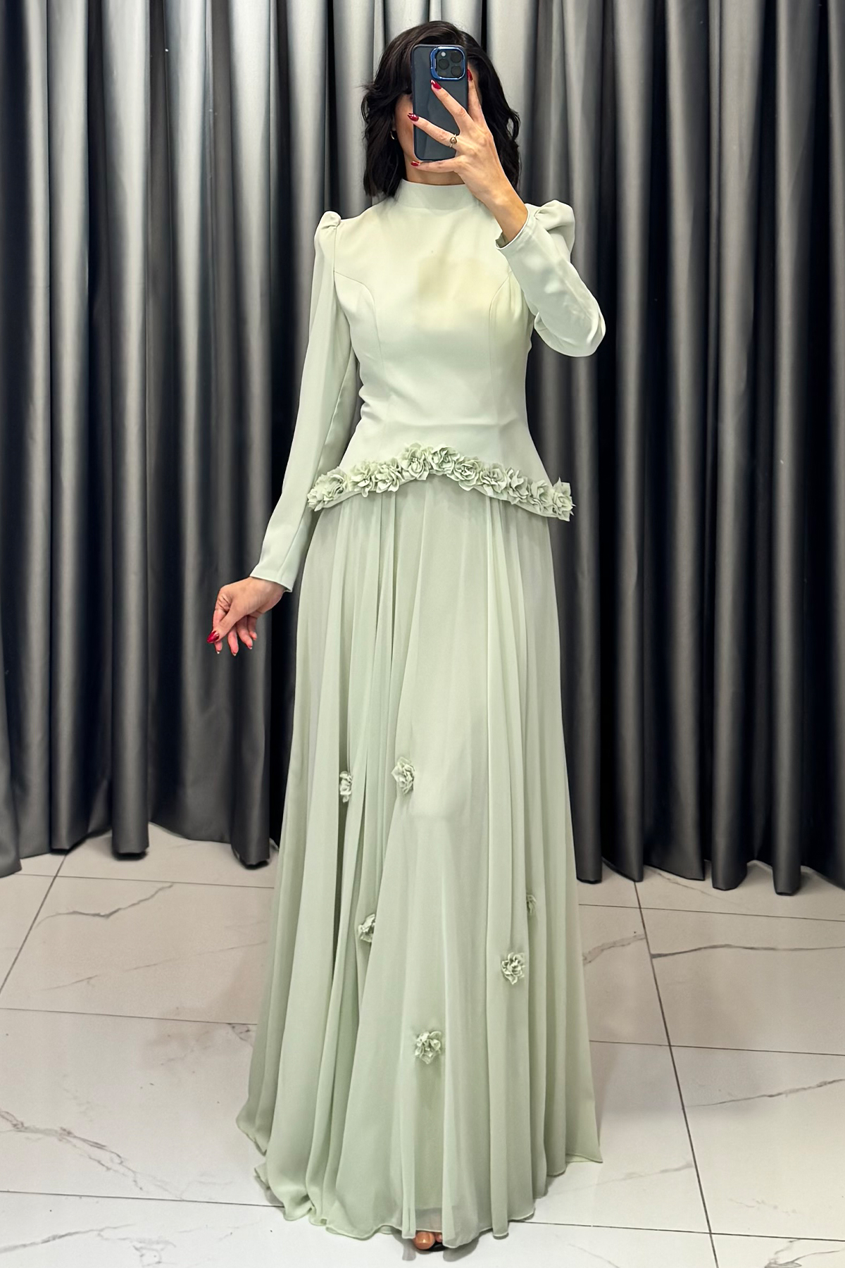 Çiçek Detaylı Belden Oturtmalı Tesettür Abiye Mint Yeşil