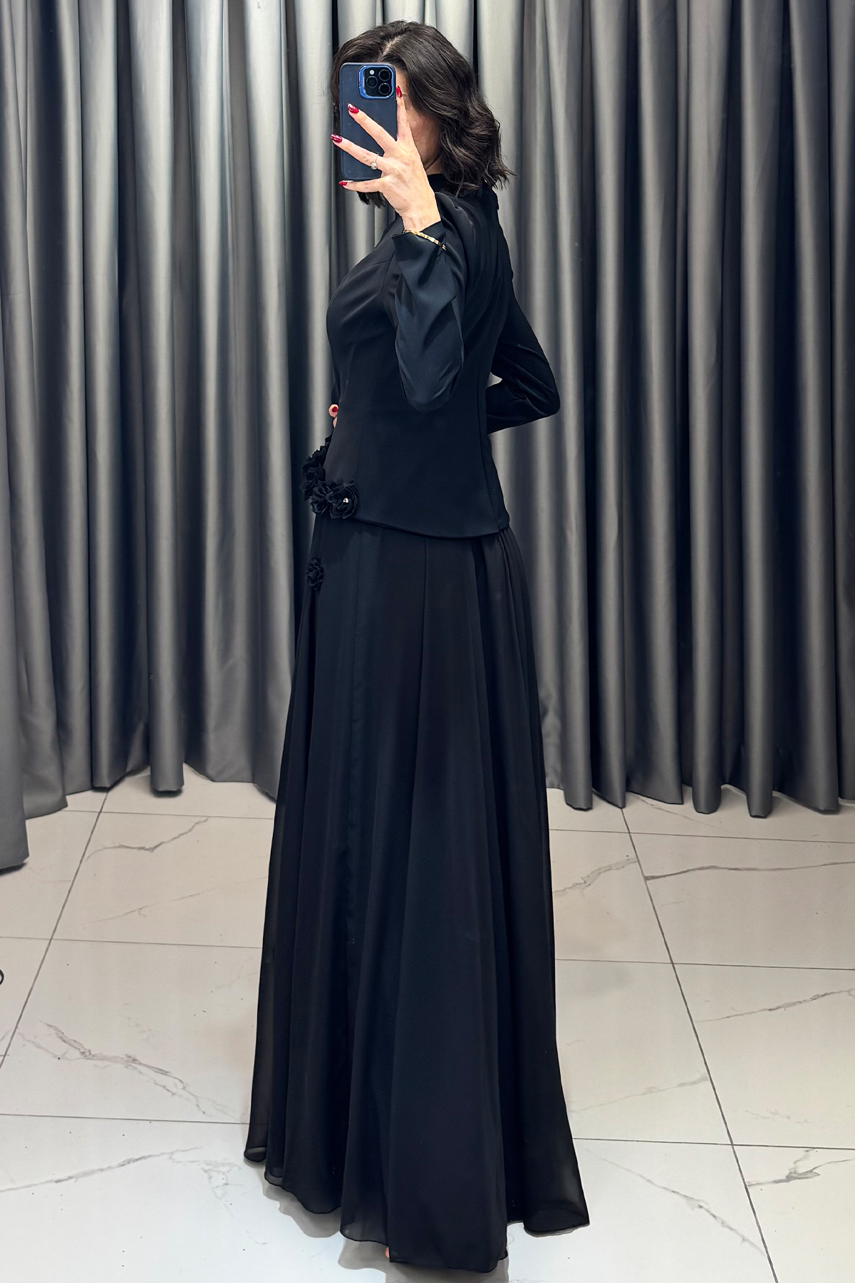 Çiçek Detaylı Belden Oturtmalı Tesettür Abiye Siyah - Görsel 4