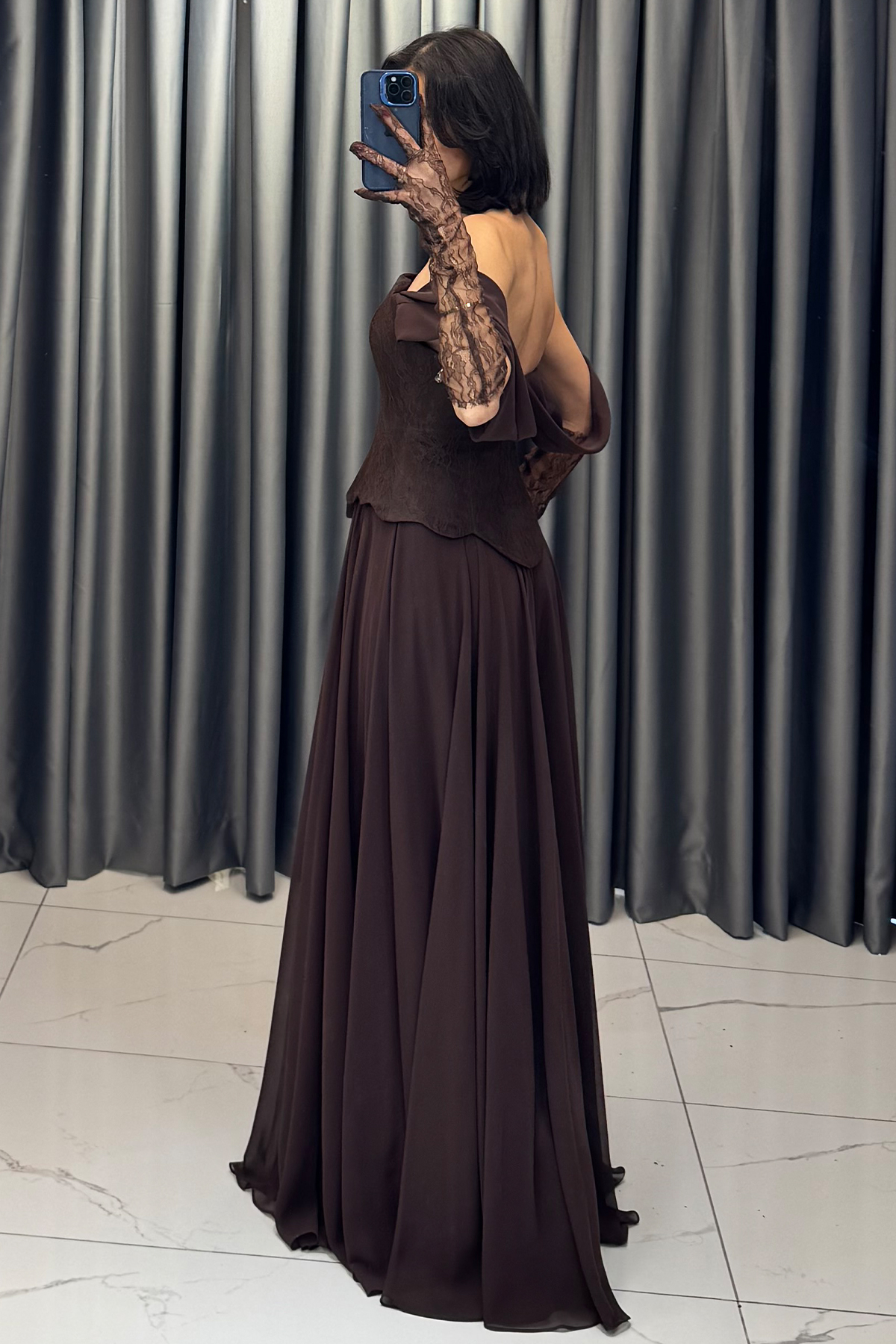 Düşük Kollu Dantel Detaylı Belden Oturtmalı Eldivenli Abiye Kahve - Görsel 5