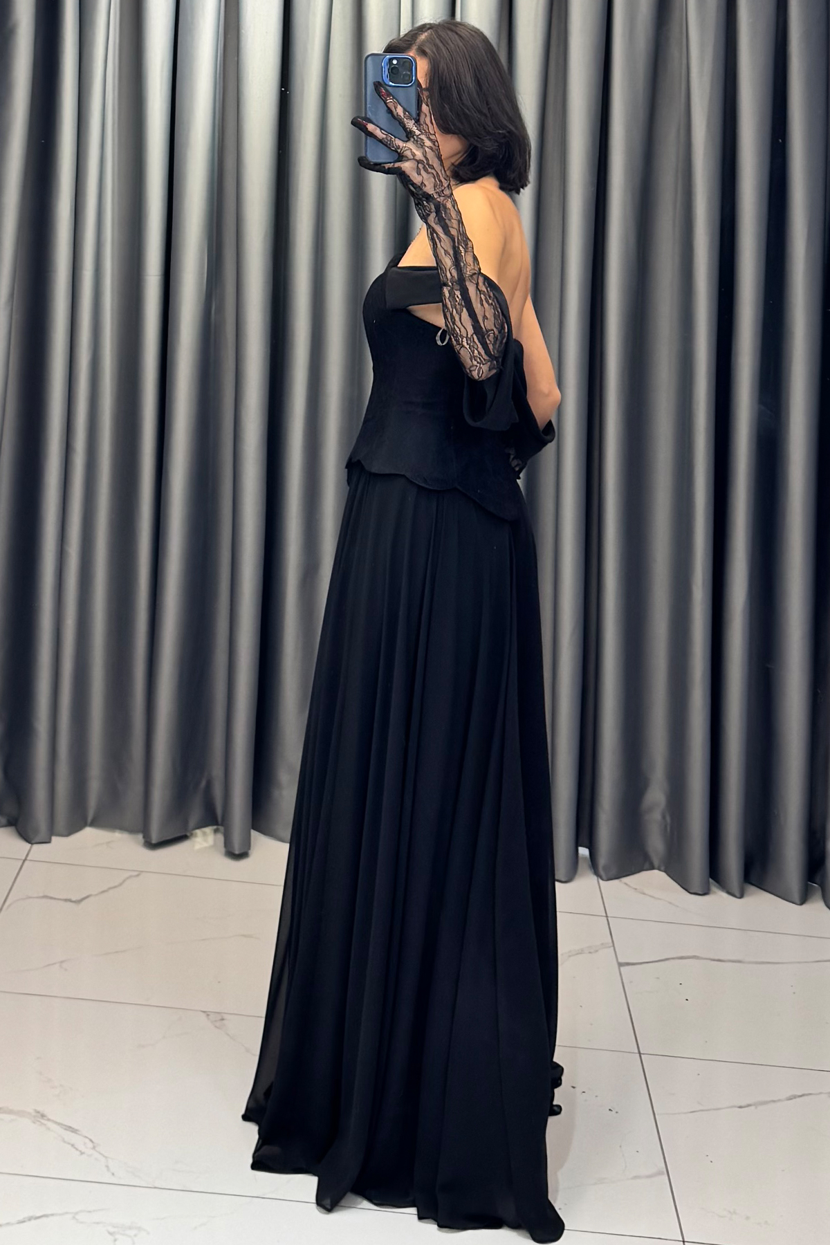 Düşük Kollu Dantel Detaylı Belden Oturtmalı Eldivenli Abiye Siyah - Görsel 5