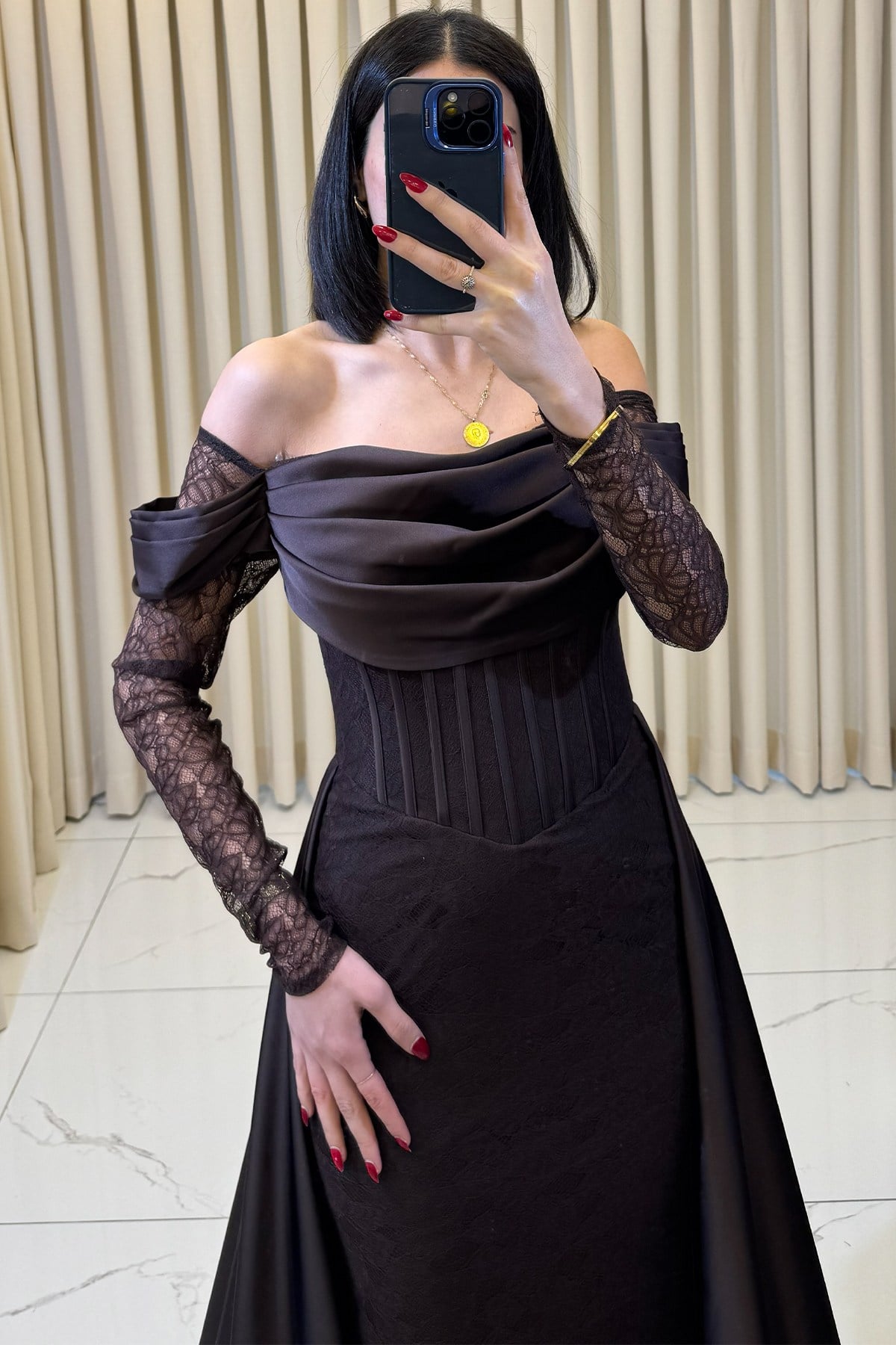 Düşük Kollu Lez Dantel Pelerinli Abiye Kahve - Görsel 2