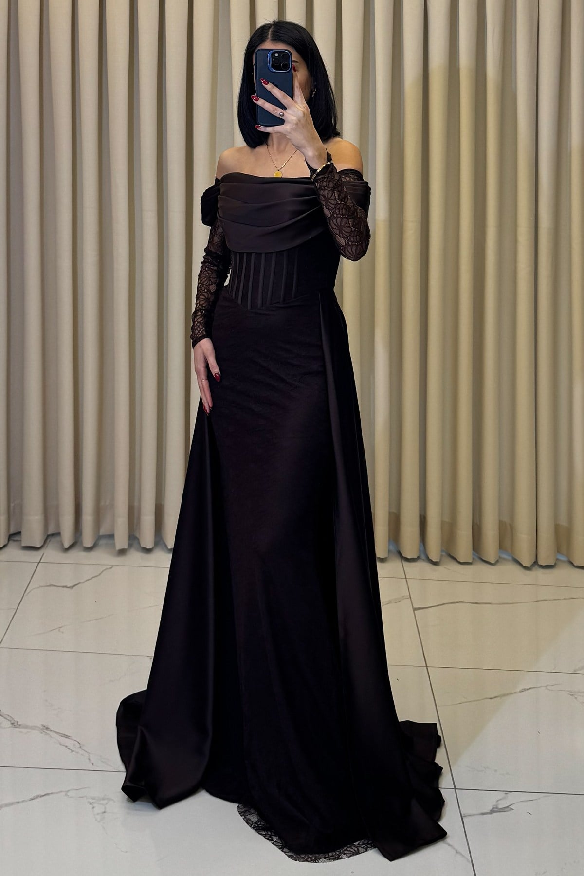 Düşük Kollu Lez Dantel Pelerinli Abiye Kahve - Görsel 3