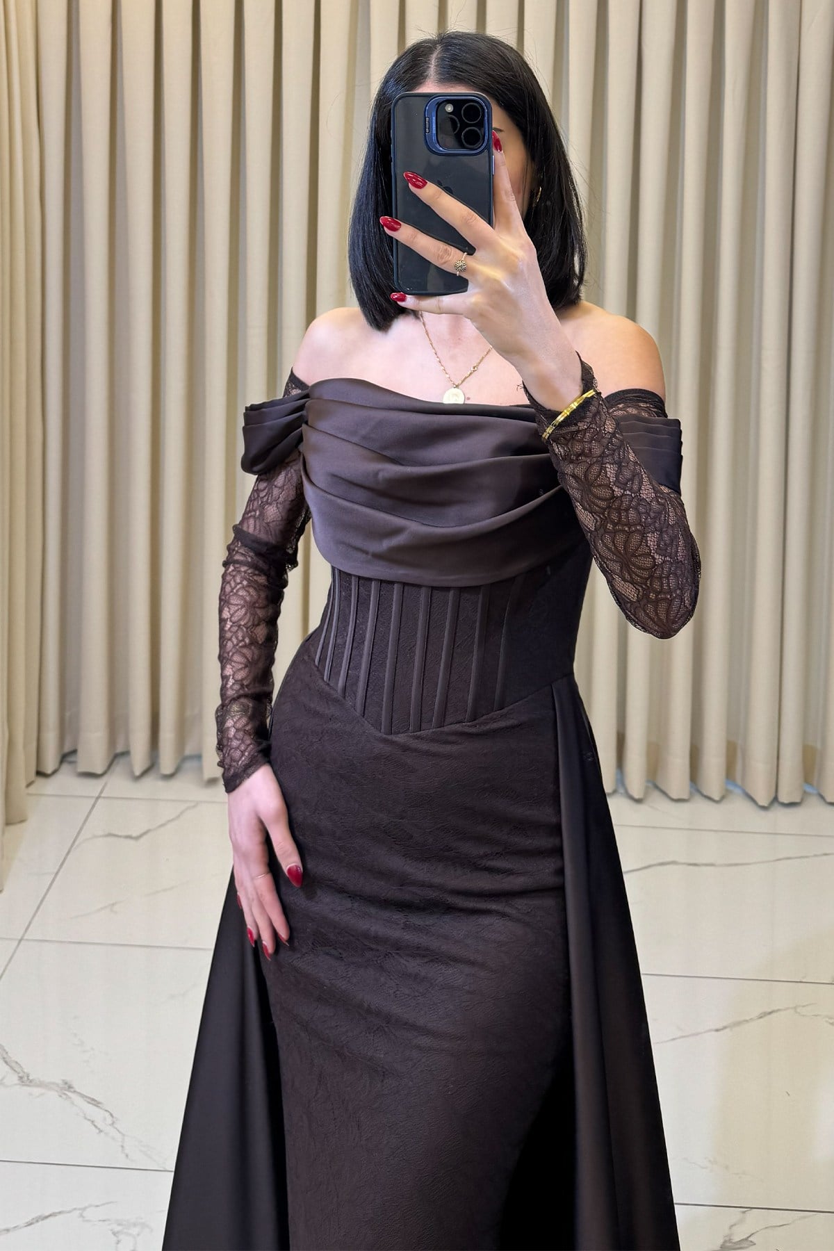 Düşük Kollu Lez Dantel Pelerinli Abiye Kahve - Görsel 4