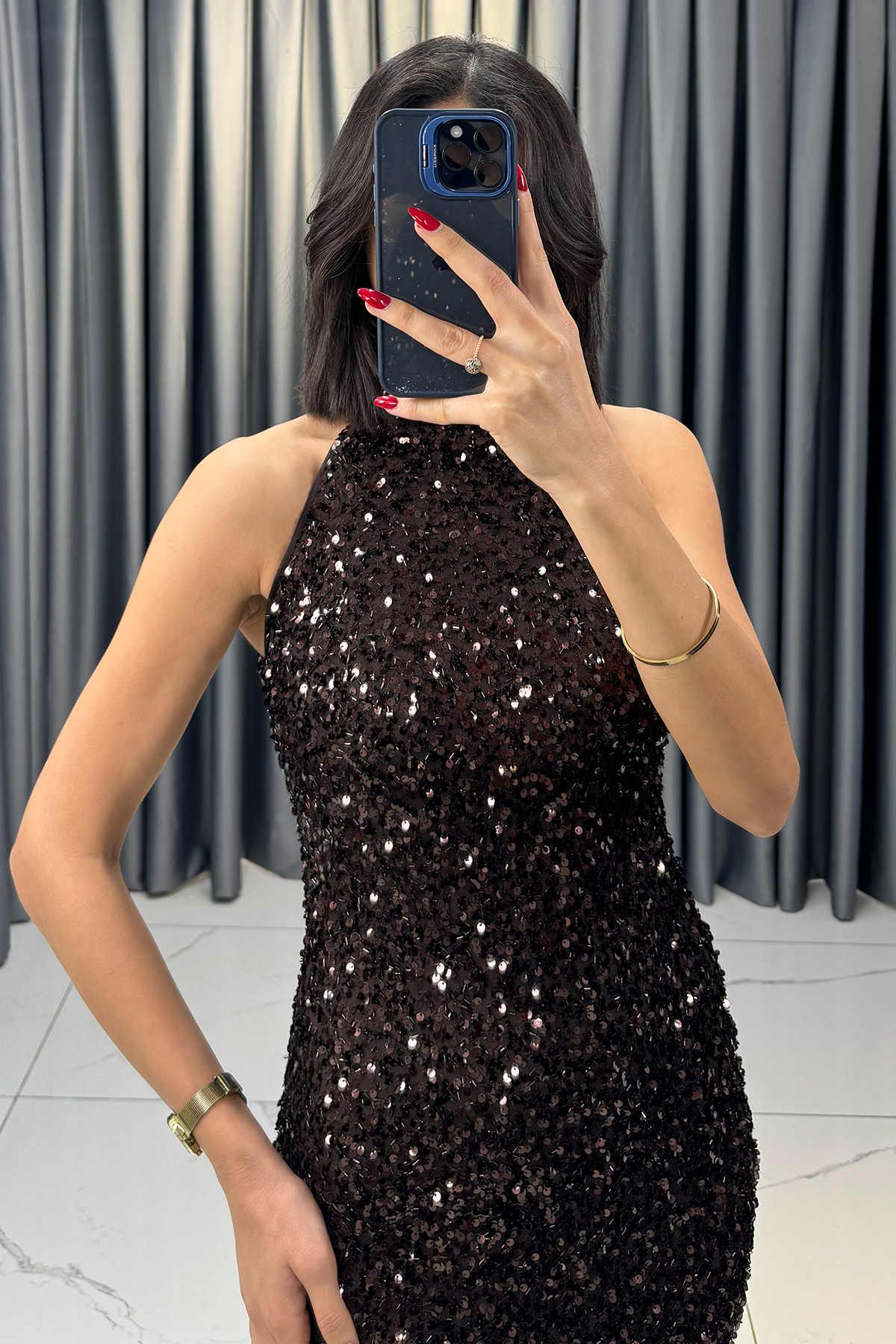 Halter Yaka Payetli Yırtmaçlı Abiye Kahve - Görsel 2